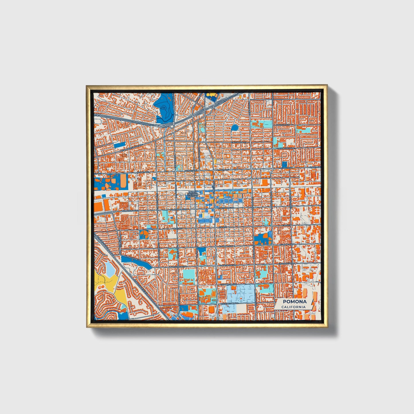 Pomona California Colorful City Map Canvas Print • Gold Framed