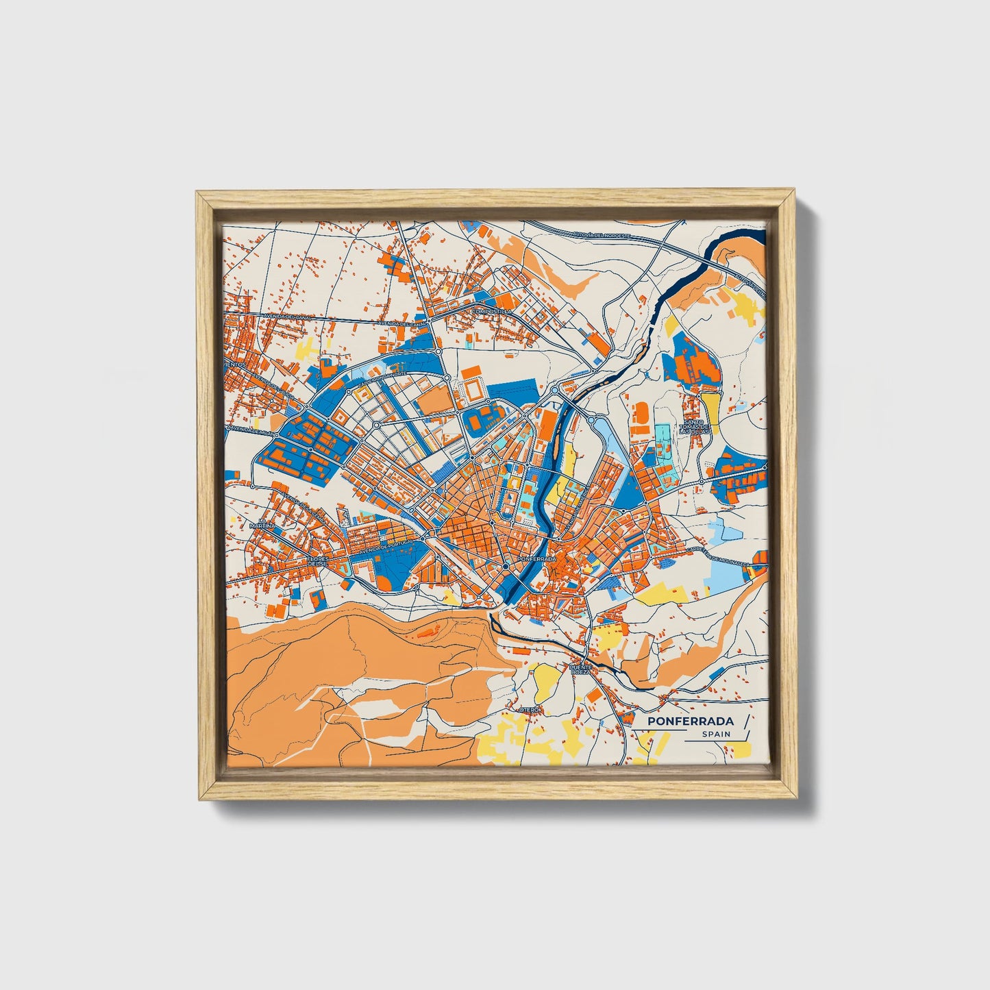 Ponferrada Spain Colorful City Map Canvas Print • Natural Wooden Framed