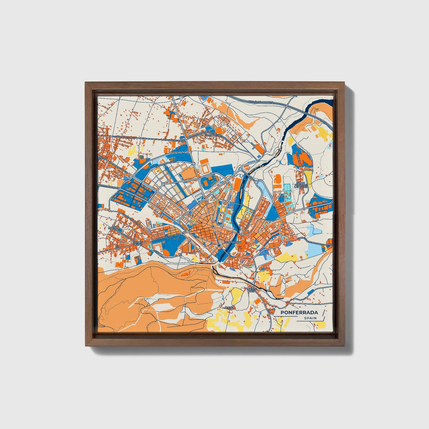Ponferrada Spain Colorful City Map Canvas Print • Dark Wooden Framed