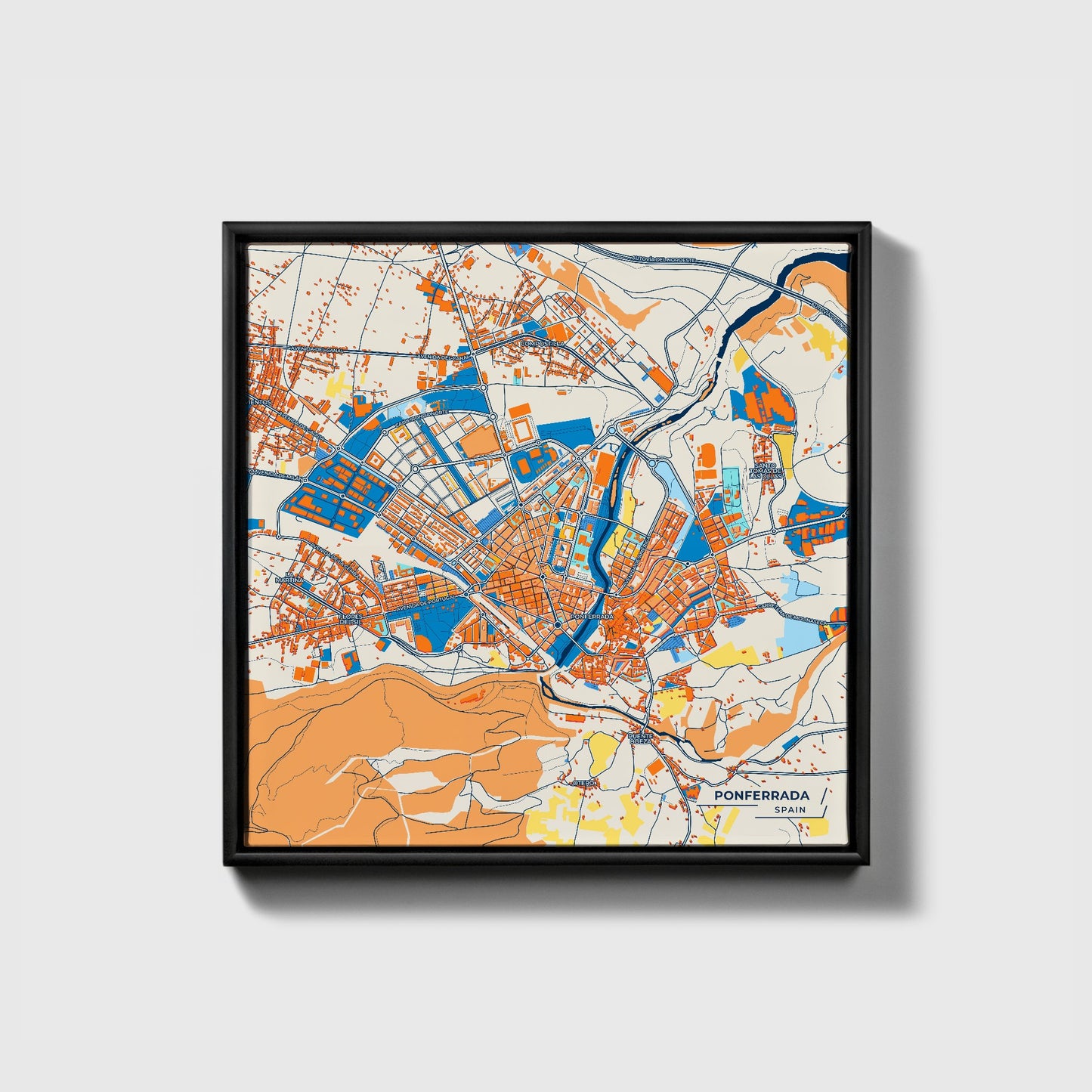 Ponferrada Spain Colorful City Map Canvas Print • Black Framed