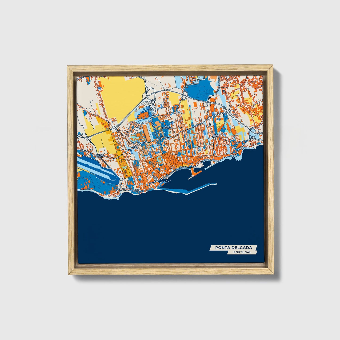 Ponta Delgada Portugal Colorful City Map Canvas Print • Natural Wooden Framed