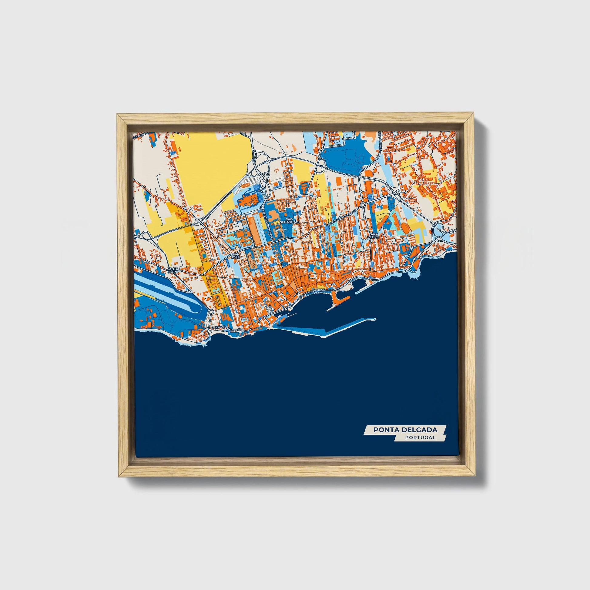 Ponta Delgada Portugal Colorful City Map Canvas Print • Natural Wooden Framed