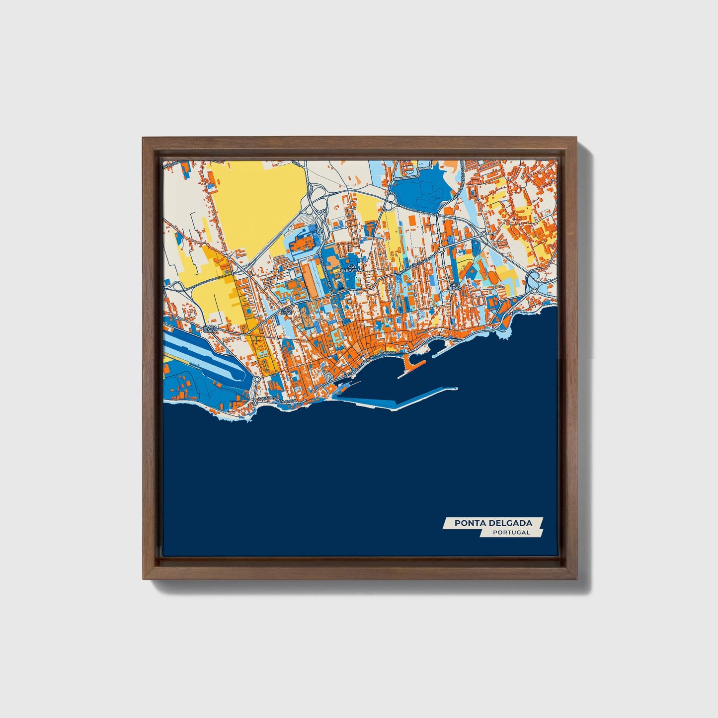 Ponta Delgada Portugal Colorful City Map Canvas Print • Dark Wooden Framed