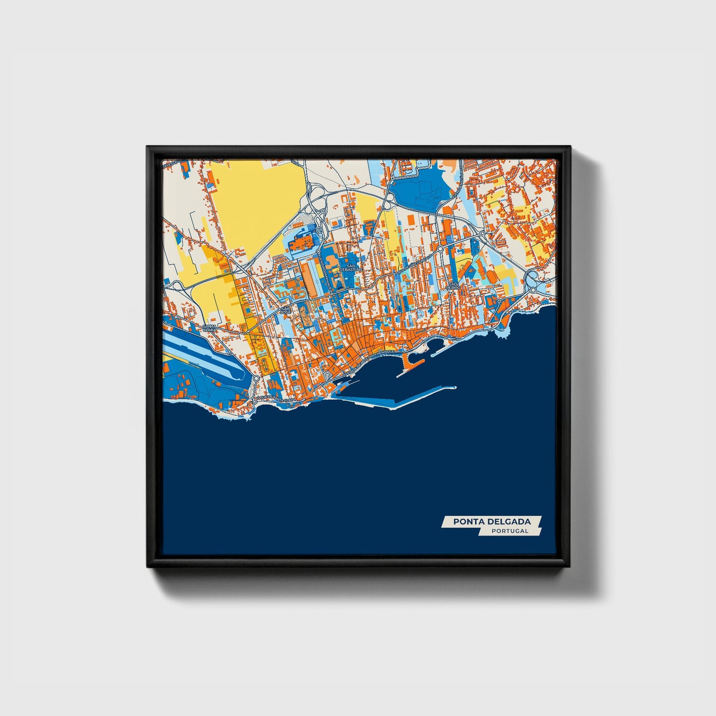 Ponta Delgada Portugal Colorful City Map Canvas Print • Black Framed