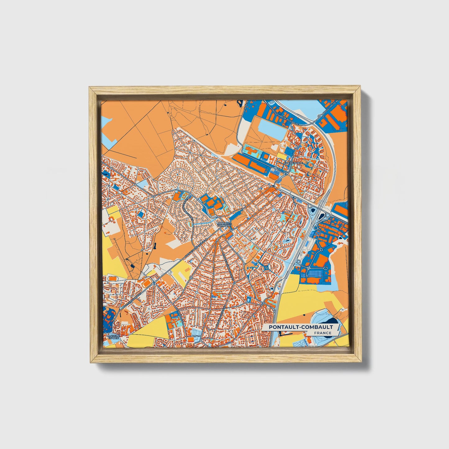 Pontault-Combault France Colorful City Map Canvas Print • Natural Wooden Framed