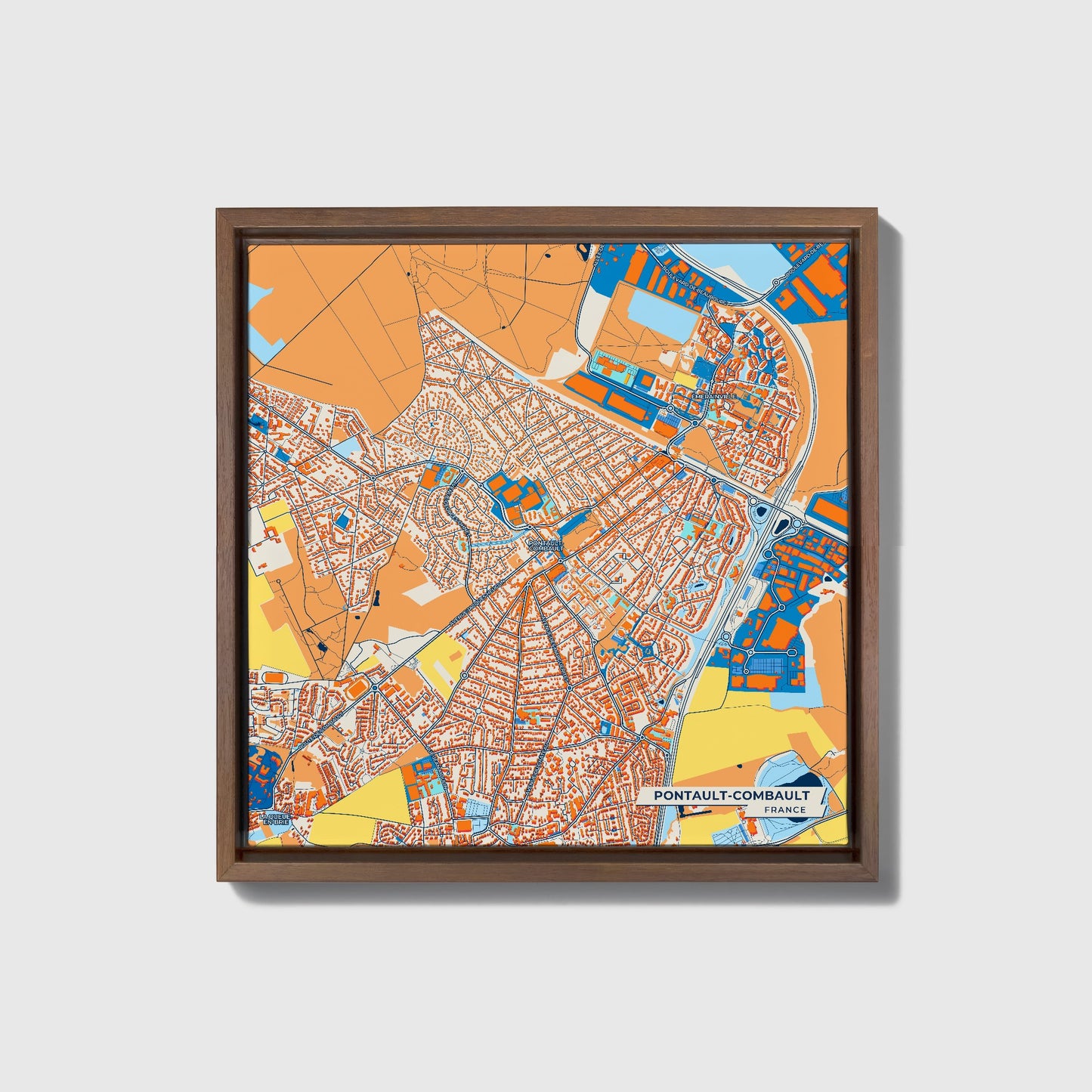 Pontault-Combault France Colorful City Map Canvas Print • Dark Wooden Framed