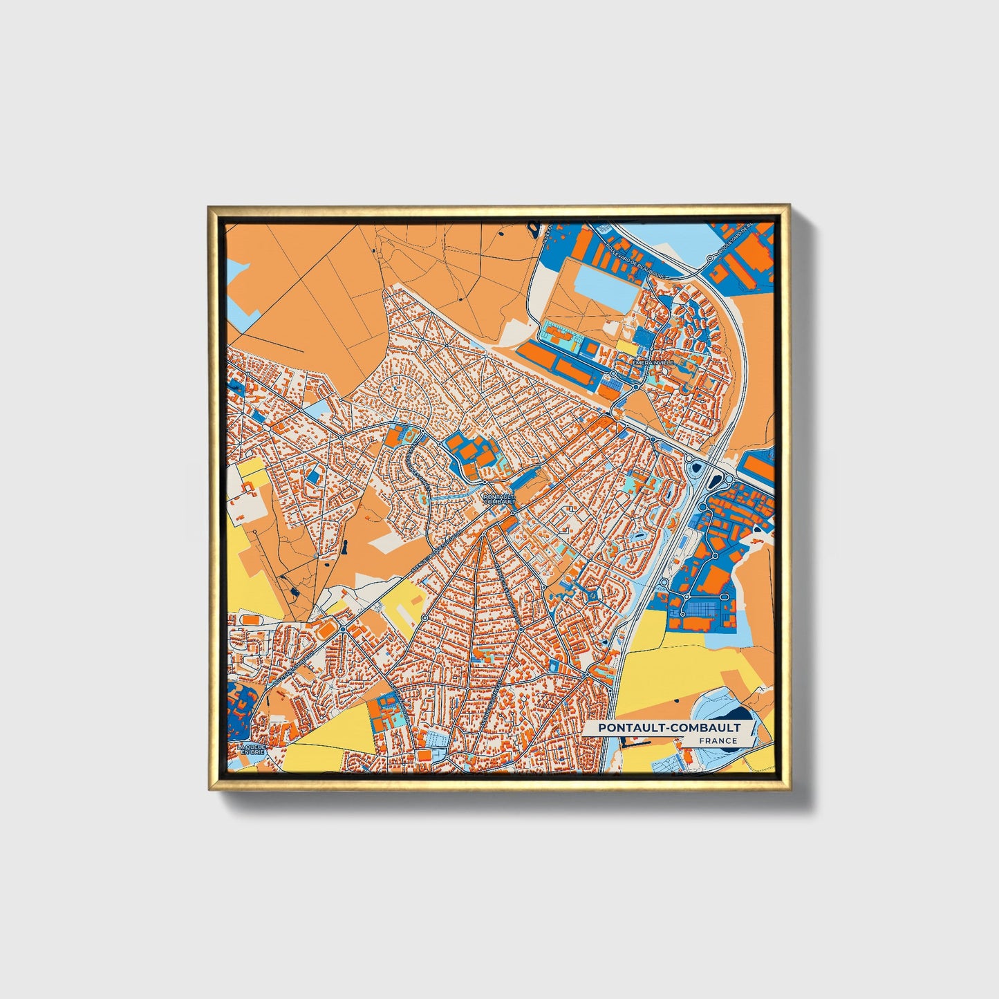 Pontault-Combault France Colorful City Map Canvas Print • Gold Framed