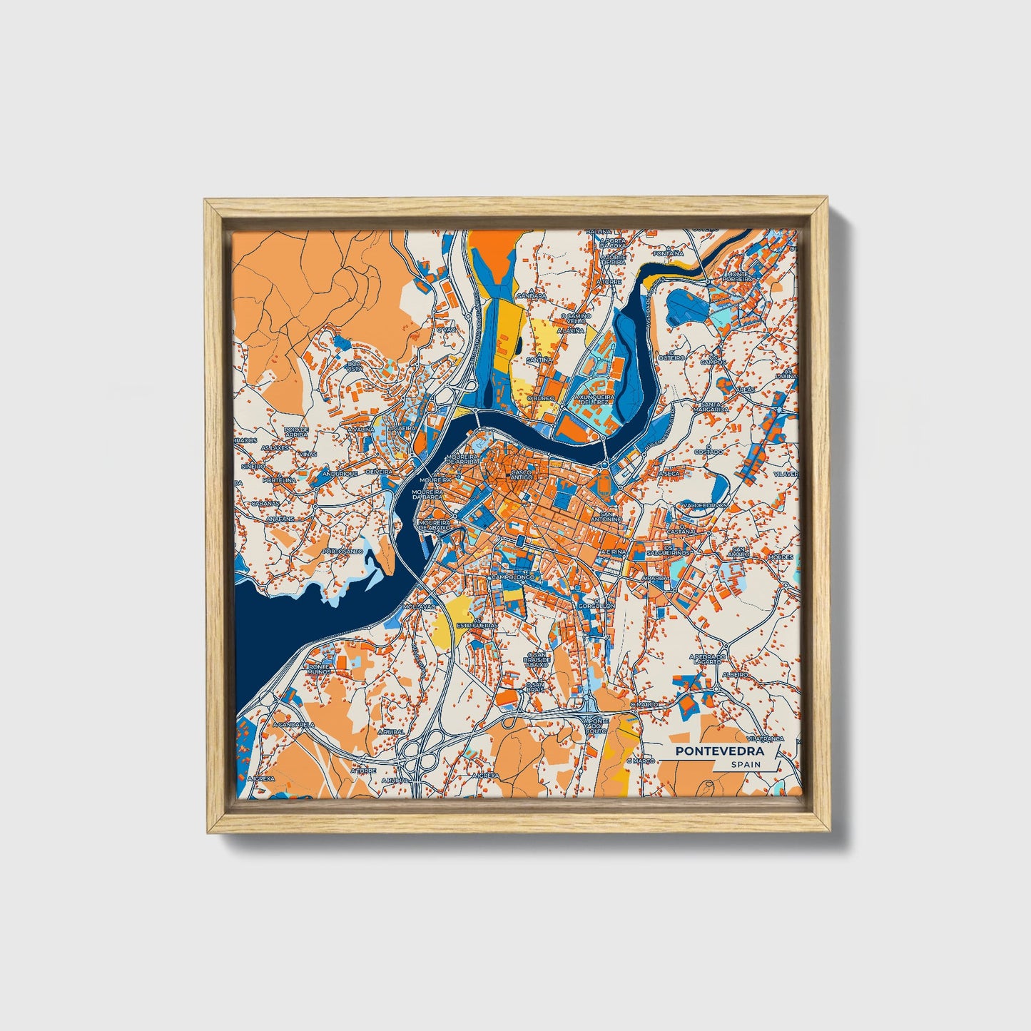 Pontevedra Spain Colorful City Map Canvas Print • Natural Wooden Framed