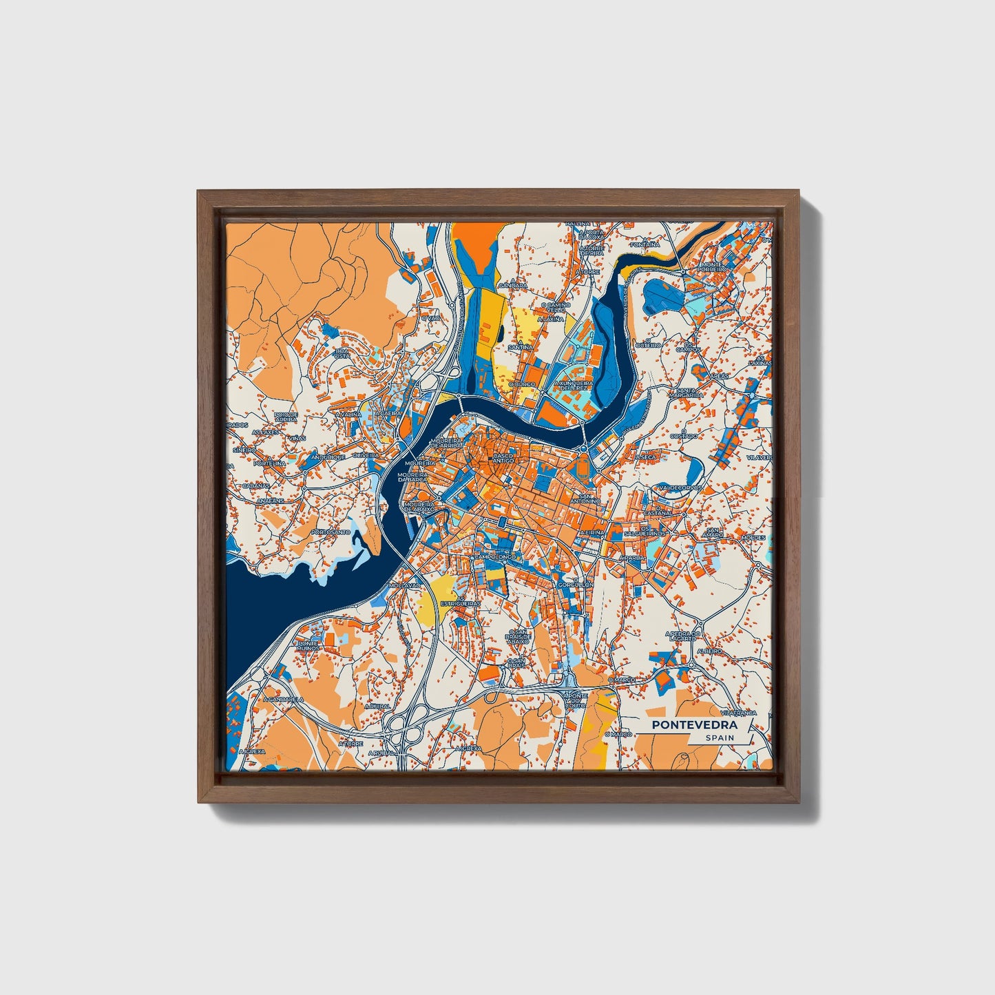 Pontevedra Spain Colorful City Map Canvas Print • Dark Wooden Framed