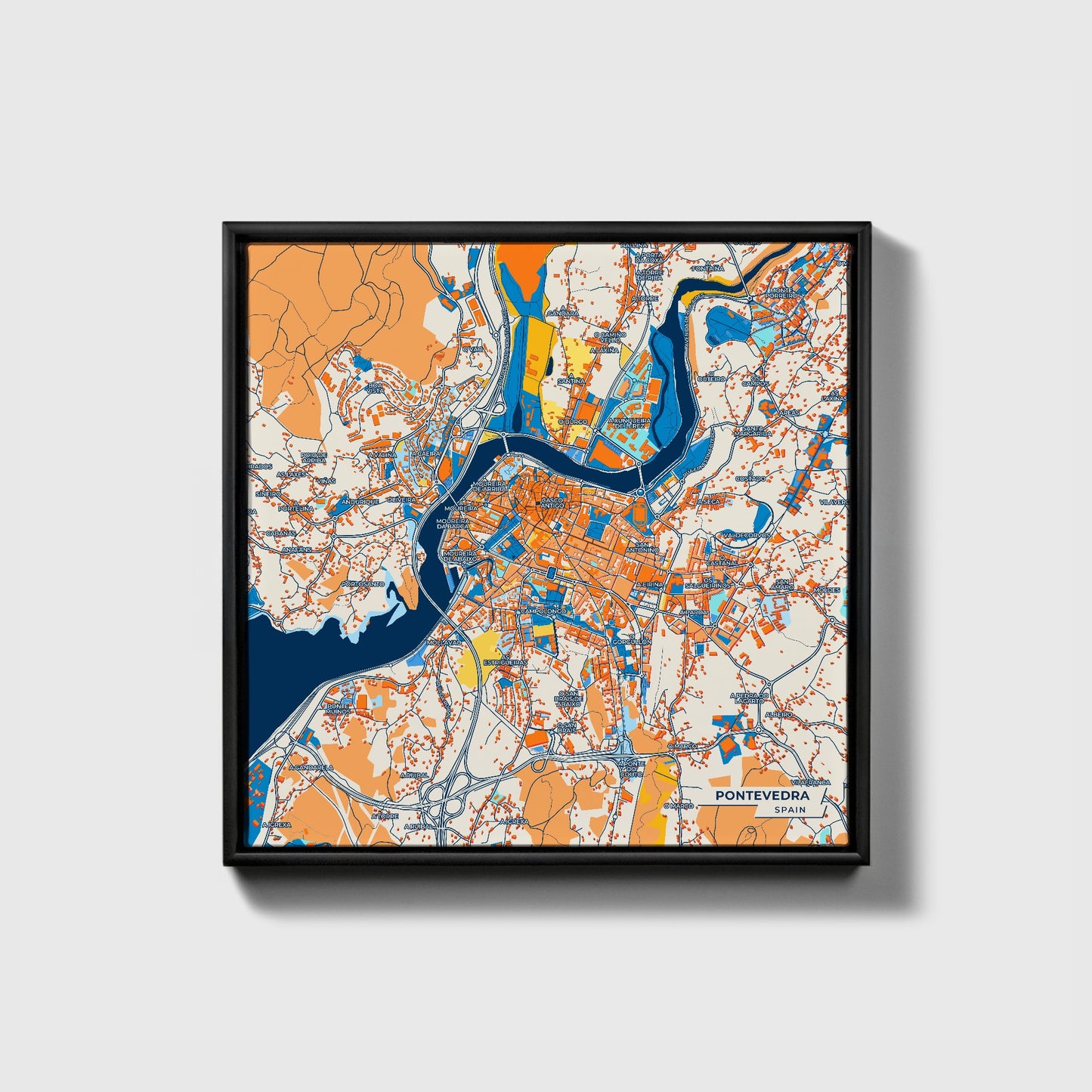 Pontevedra Spain Colorful City Map Canvas Print • Black Framed