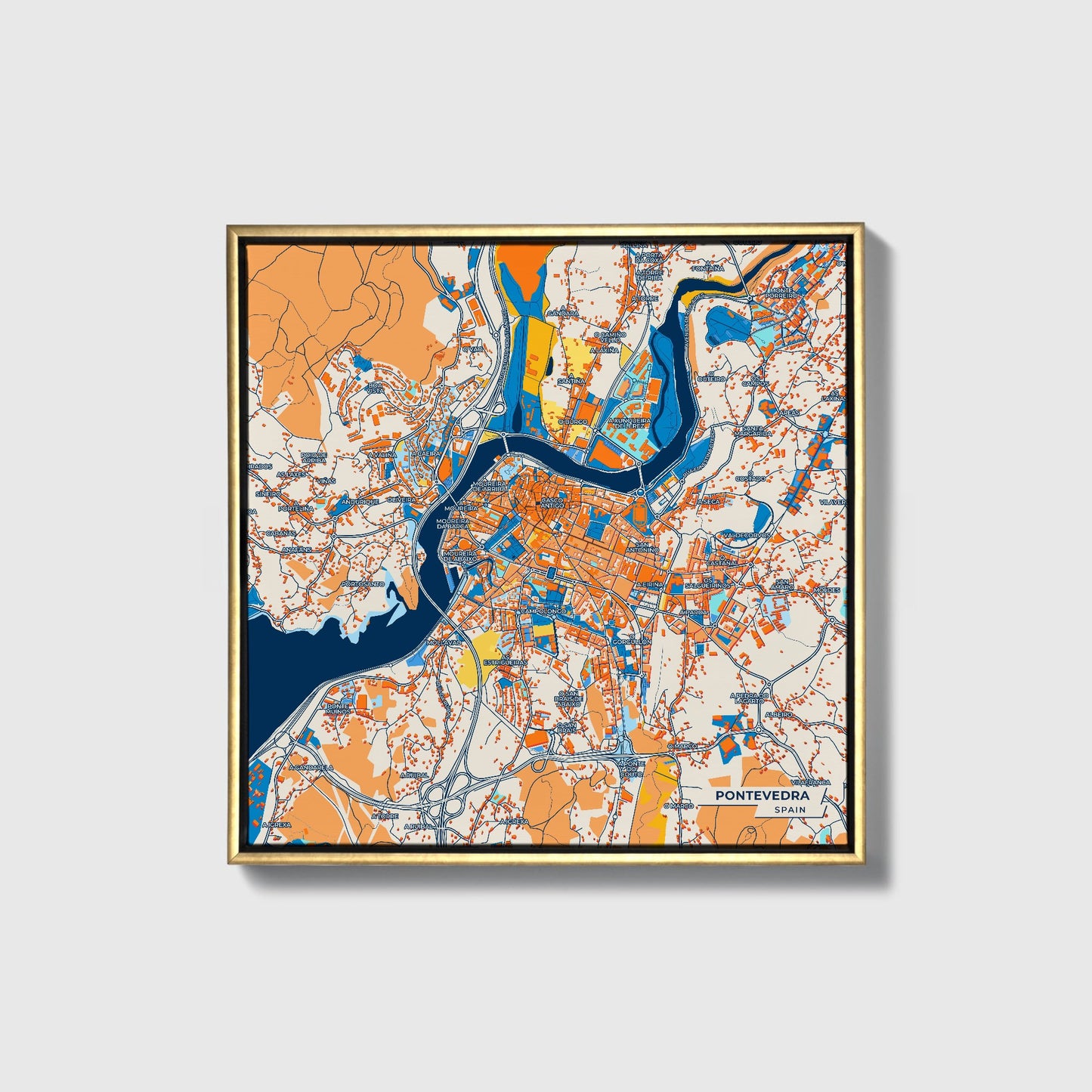 Pontevedra Spain Colorful City Map Canvas Print • Gold Framed