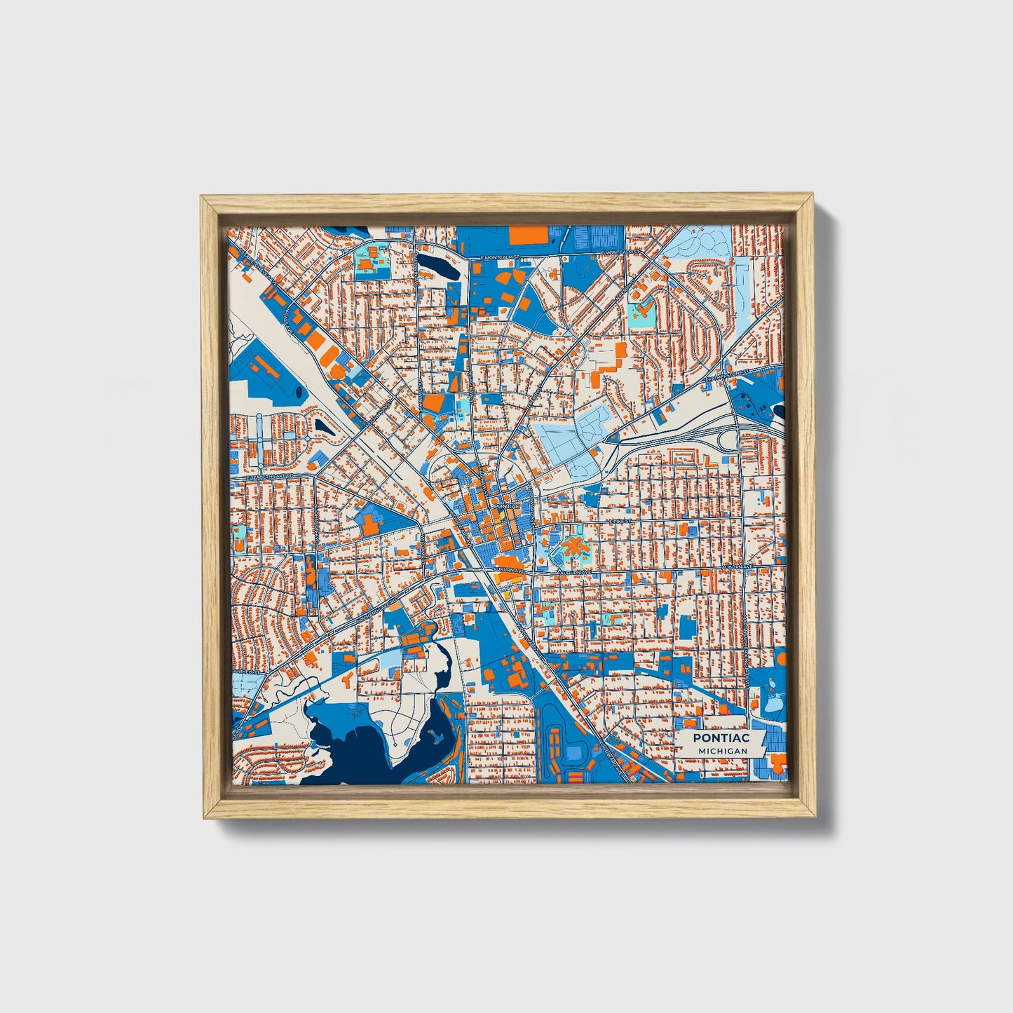 Pontiac Michigan Colorful City Map Canvas Print • Natural Wooden Framed