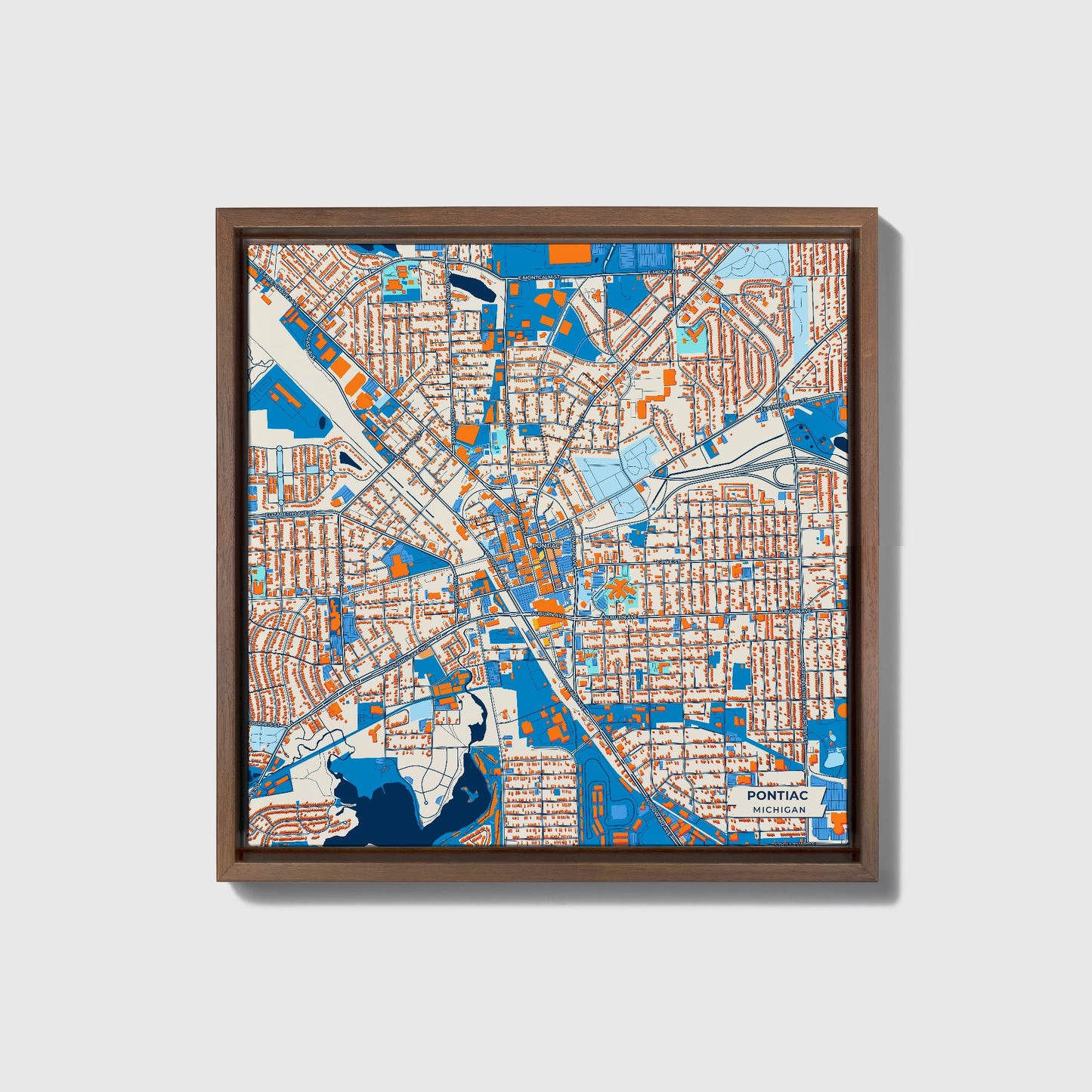 Pontiac Michigan Colorful City Map Canvas Print • Dark Wooden Framed