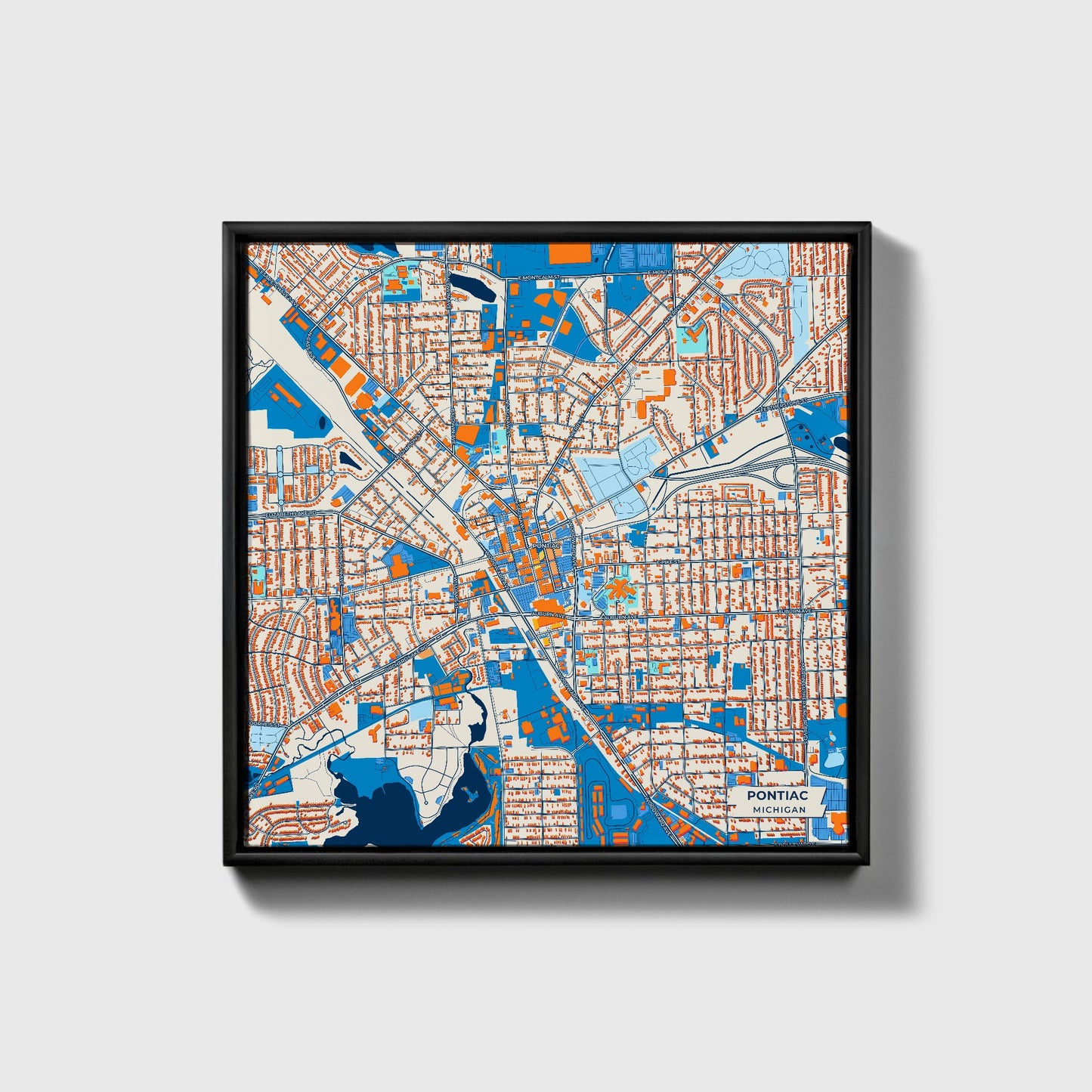 Pontiac Michigan Colorful City Map Canvas Print • Black Framed