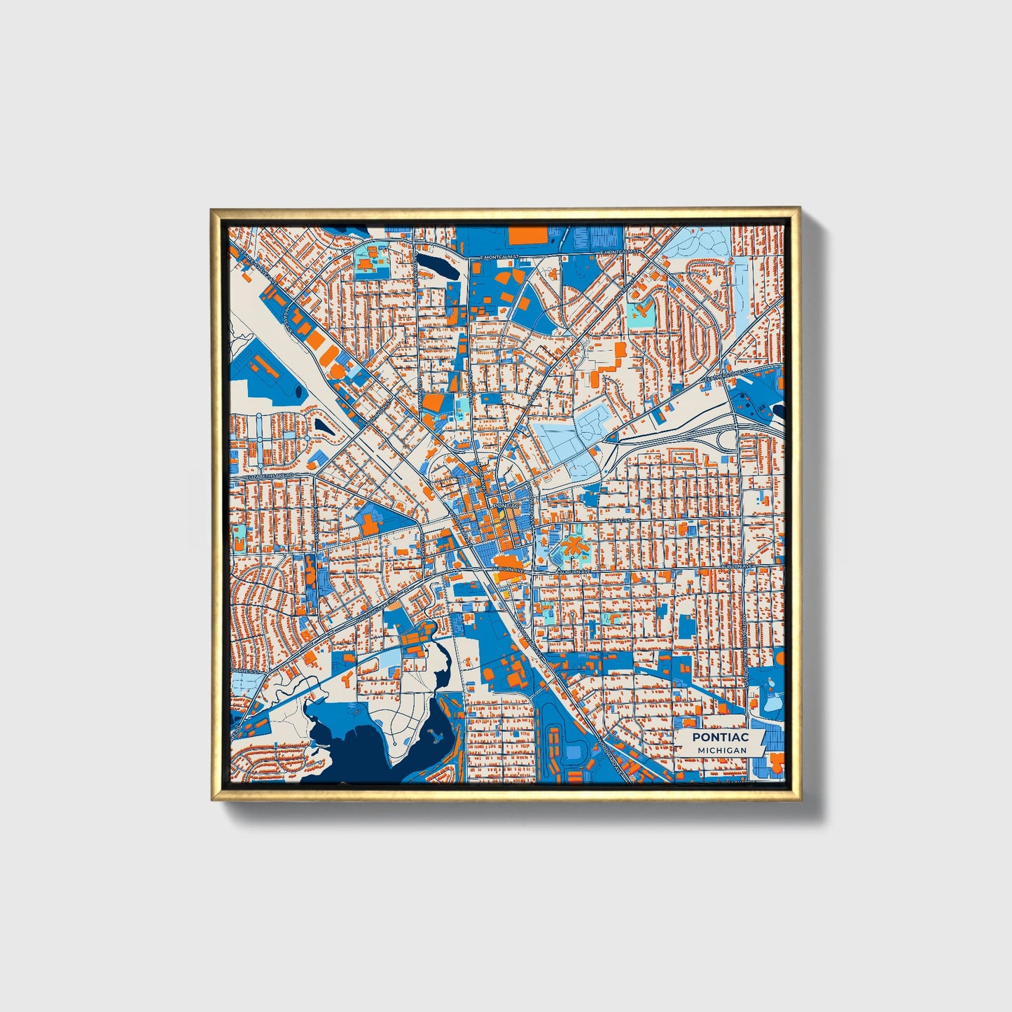 Pontiac Michigan Colorful City Map Canvas Print • Gold Framed