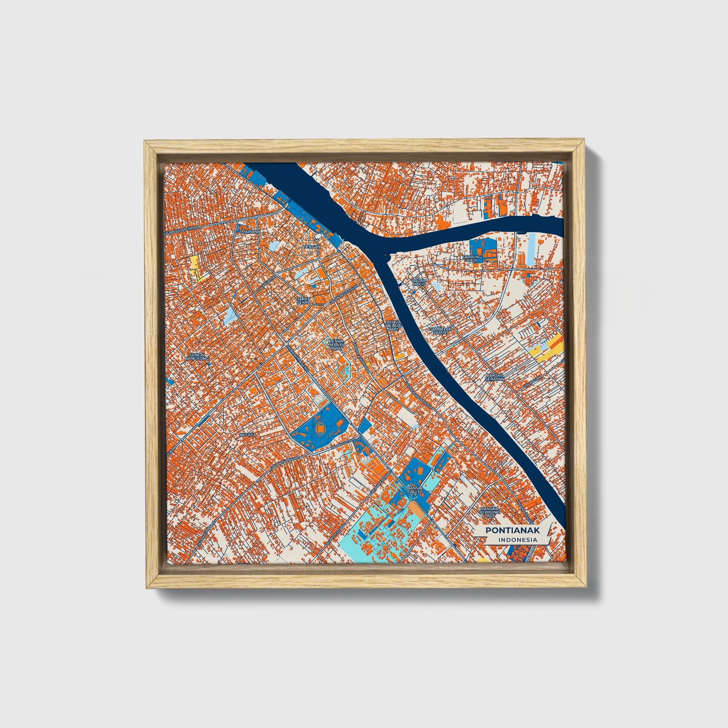 Pontianak Indonesia Colorful City Map Canvas Print • Natural Wooden Framed