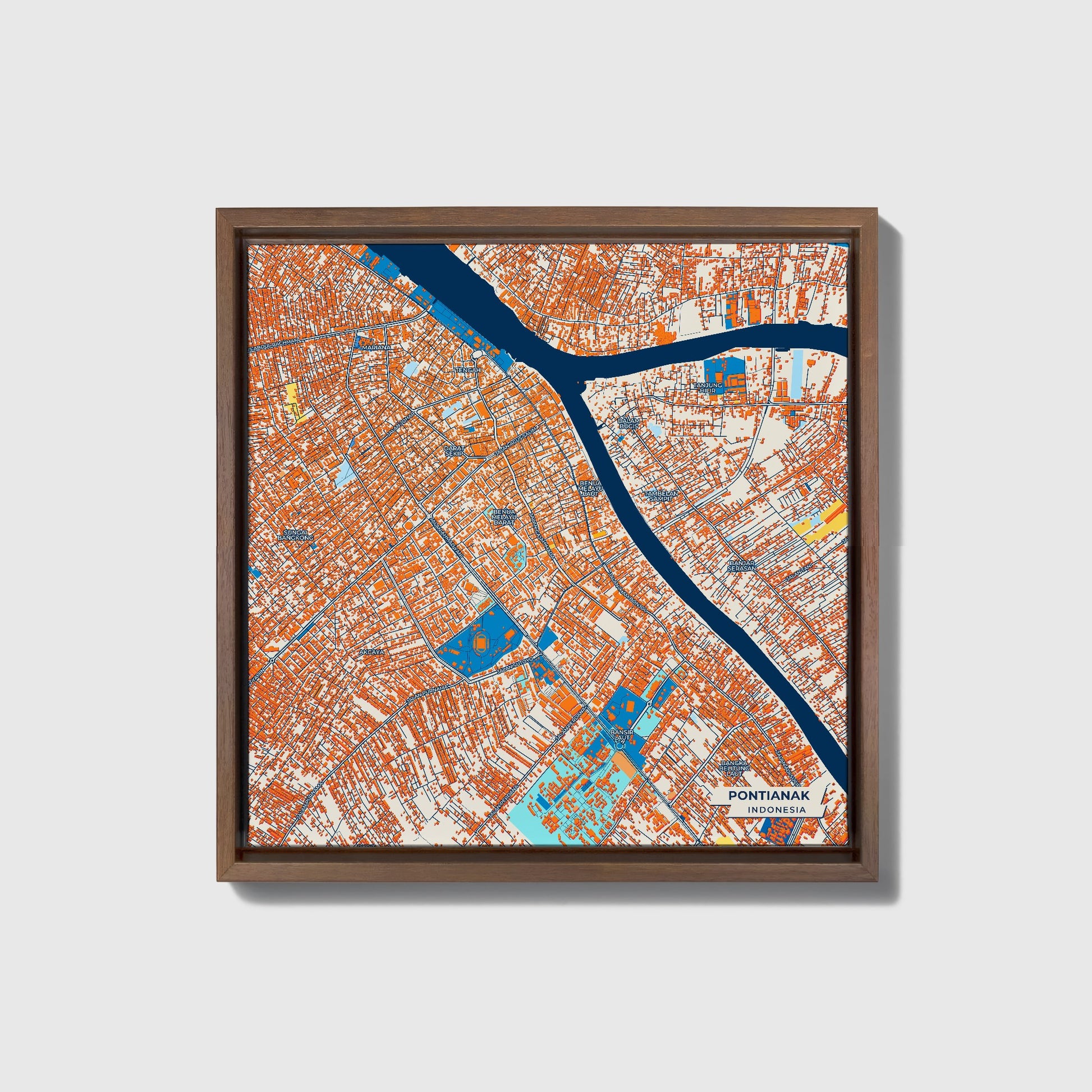 Pontianak Indonesia Colorful City Map Canvas Print • Dark Wooden Framed