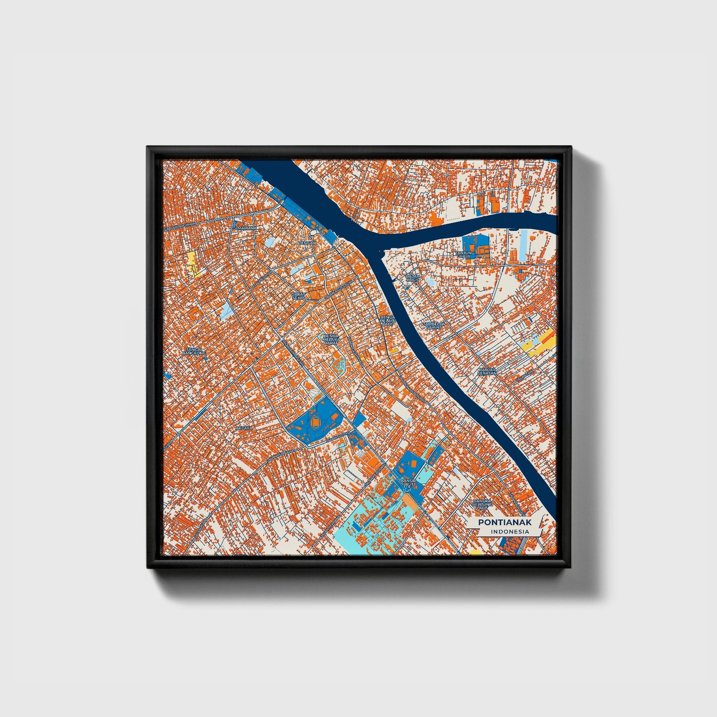 Pontianak Indonesia Colorful City Map Canvas Print • Black Framed