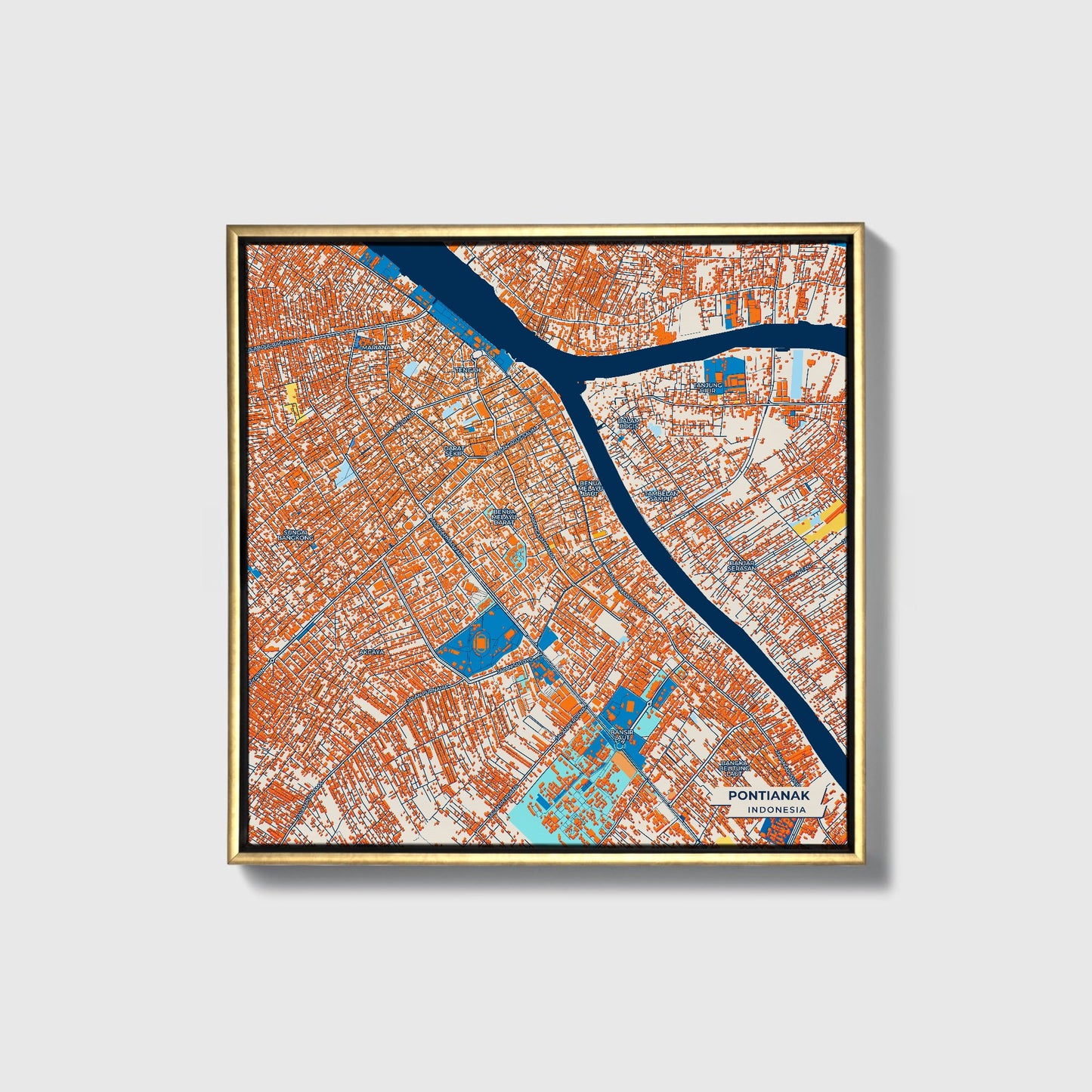 Pontianak Indonesia Colorful City Map Canvas Print • Gold Framed