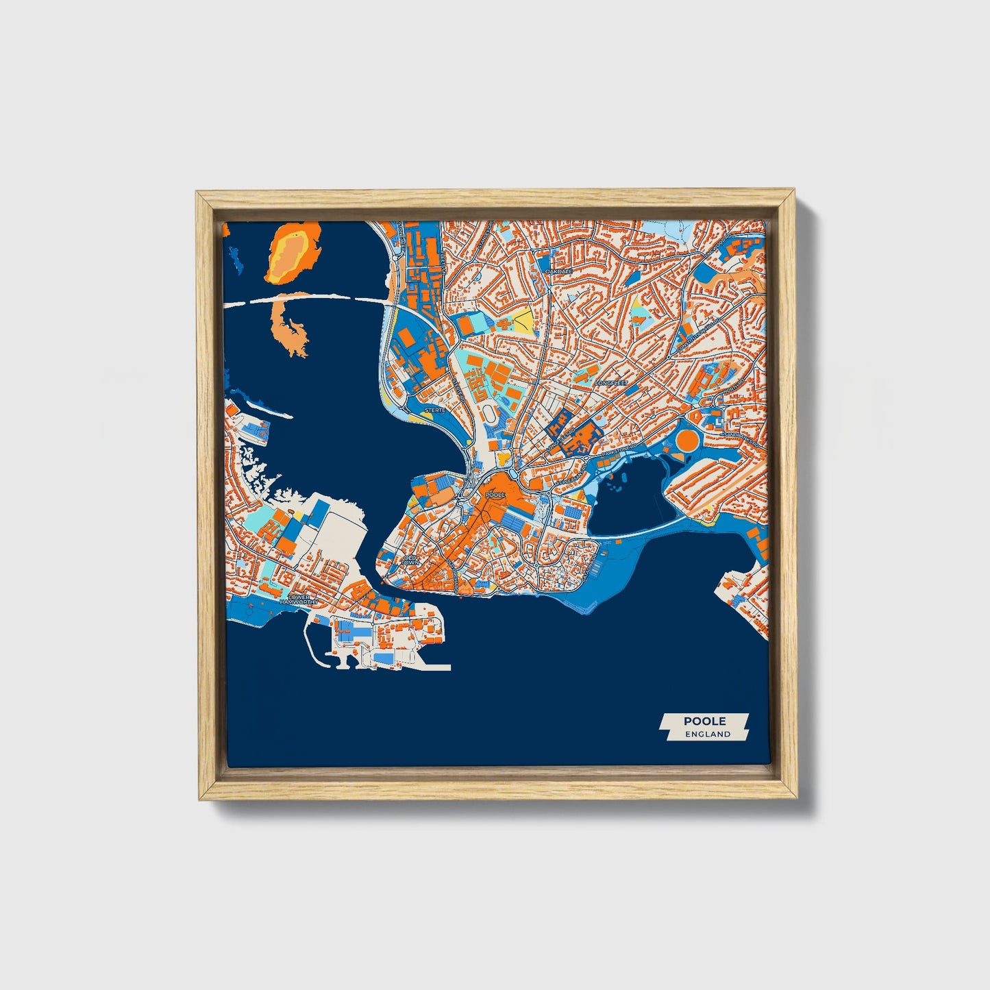 Poole England Colorful City Map Canvas Print • Natural Wooden Framed