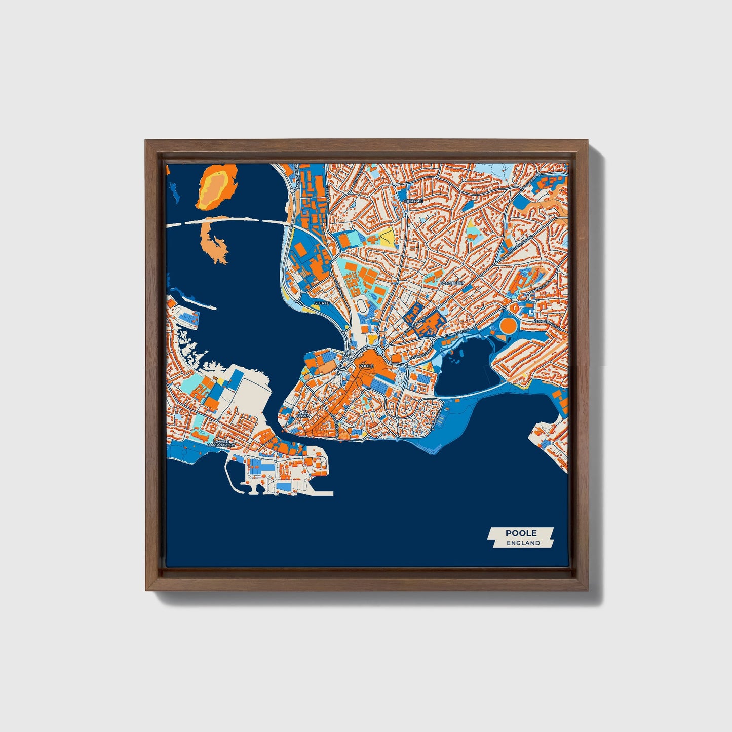 Poole England Colorful City Map Canvas Print • Dark Wooden Framed