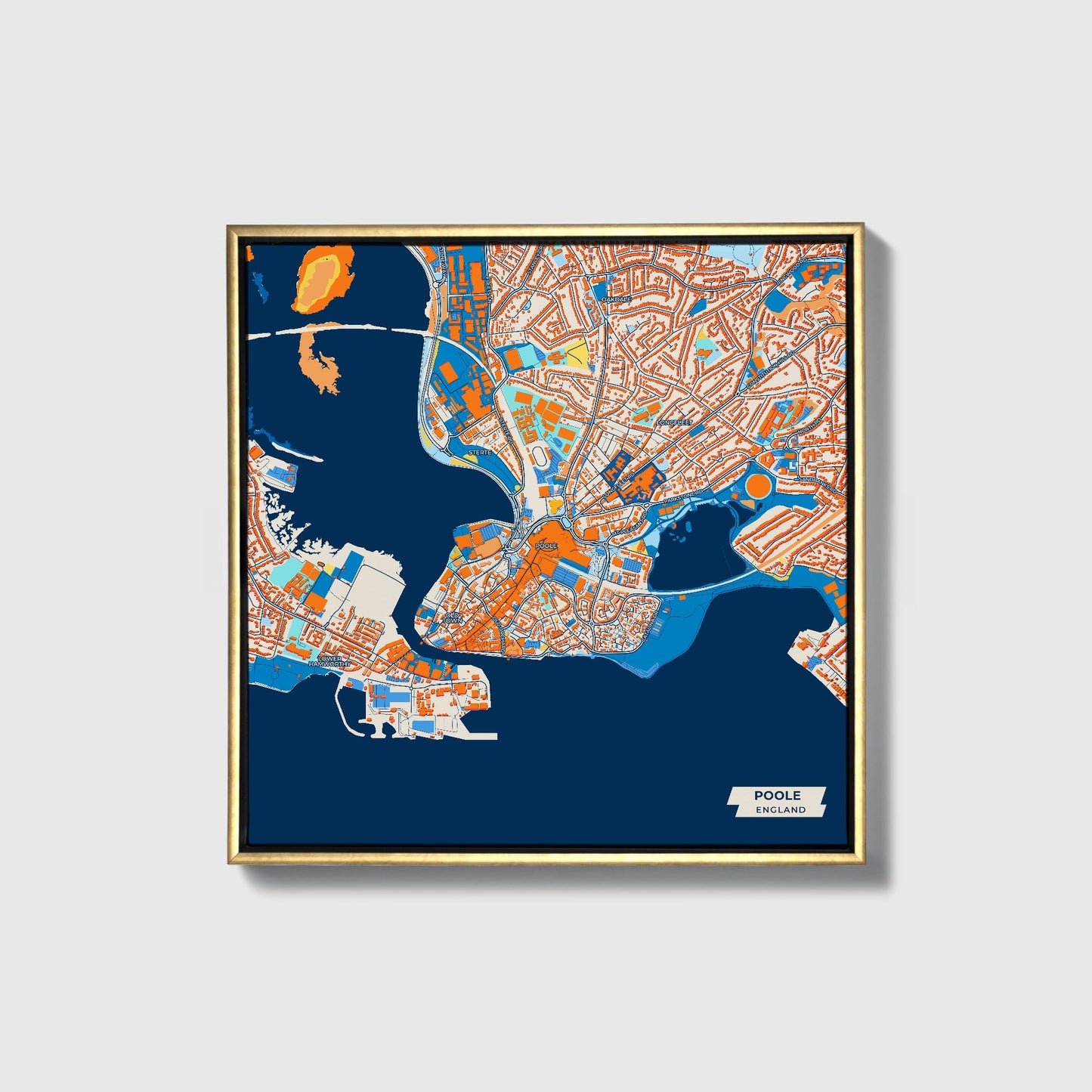 Poole England Colorful City Map Canvas Print • Gold Framed