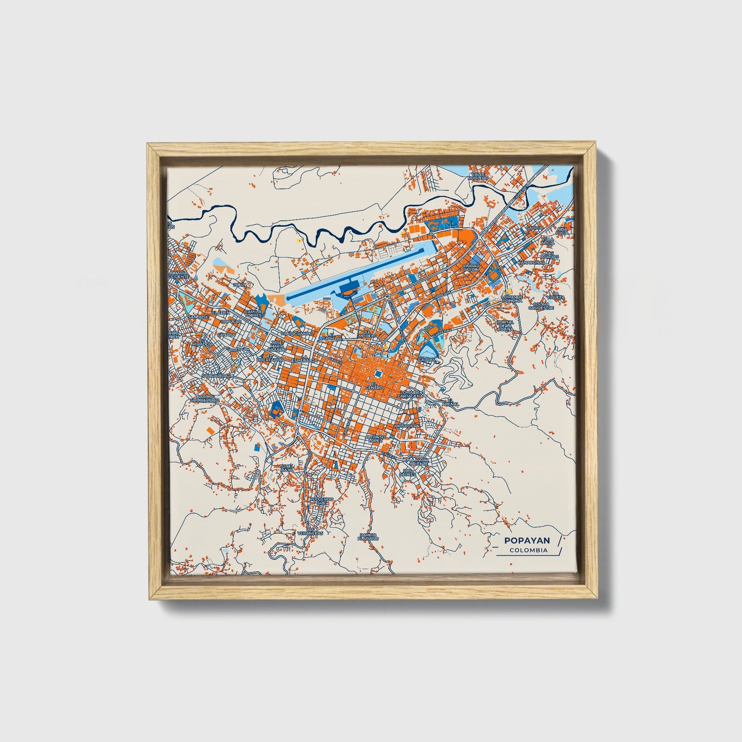Popayan Colombia Colorful City Map Canvas Print • Natural Wooden Framed