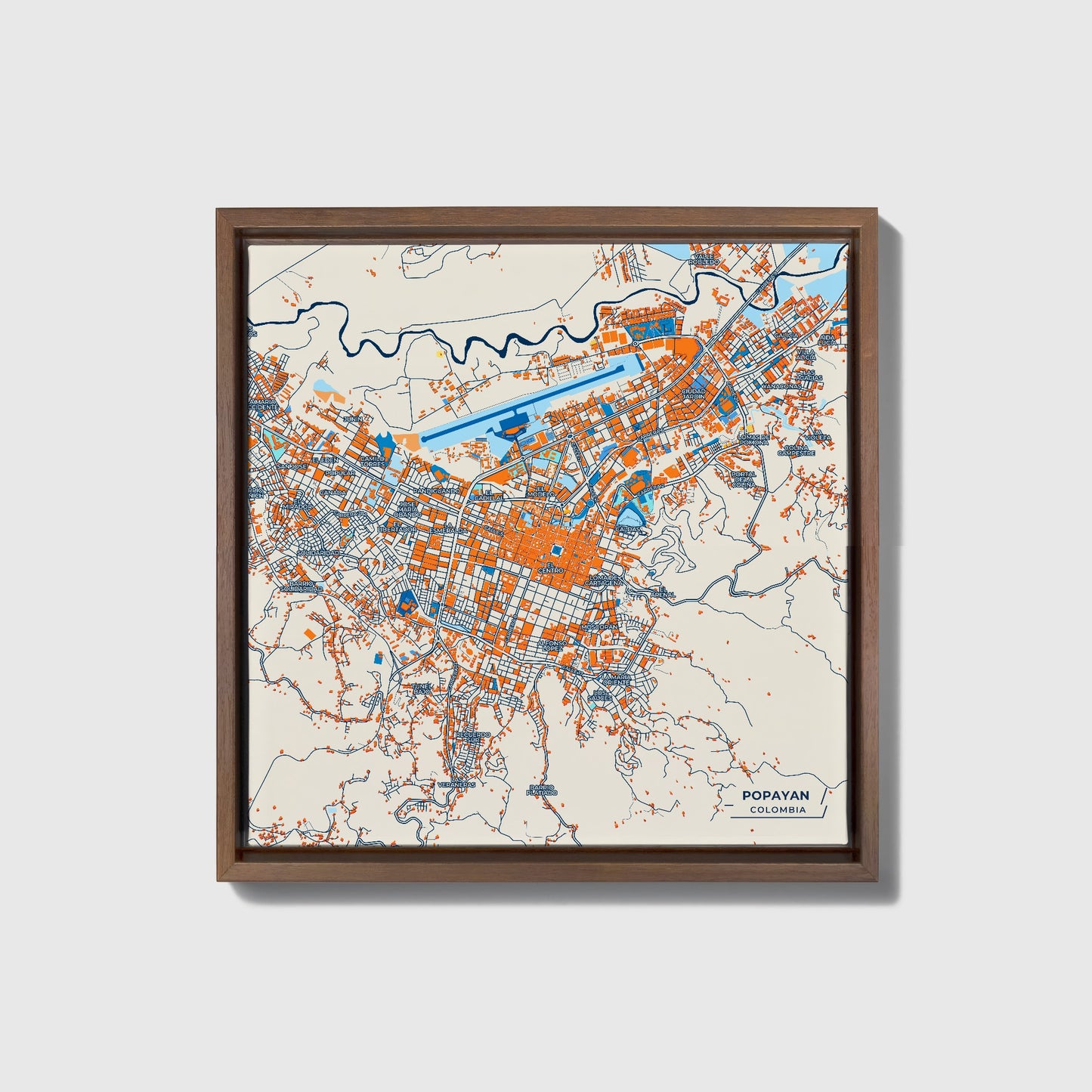 Popayan Colombia Colorful City Map Canvas Print • Dark Wooden Framed