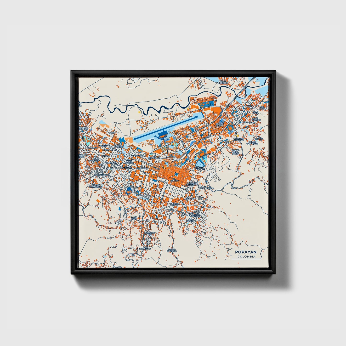 Popayan Colombia Colorful City Map Canvas Print • Black Framed
