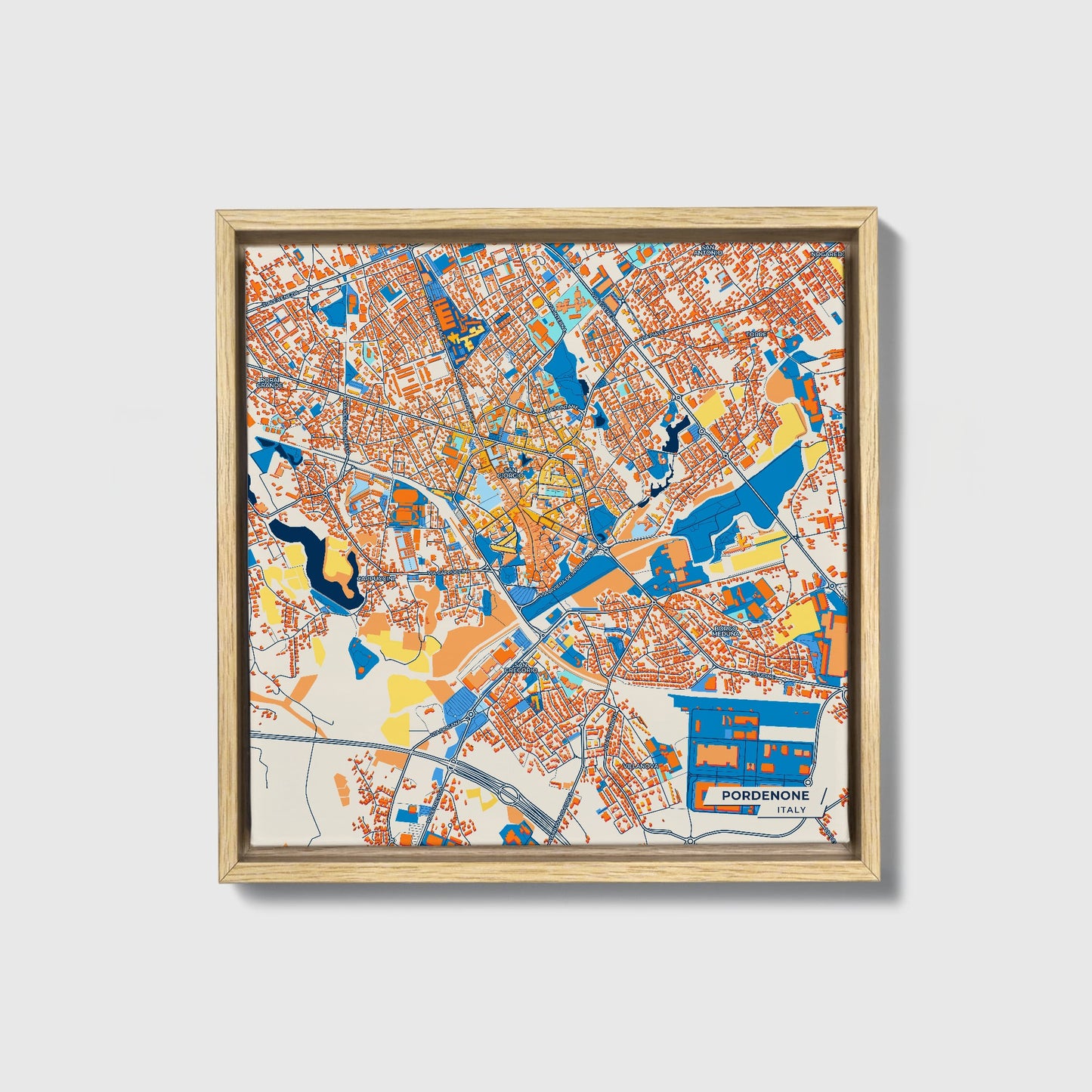 Pordenone Italy Colorful City Map Canvas Print • Natural Wooden Framed