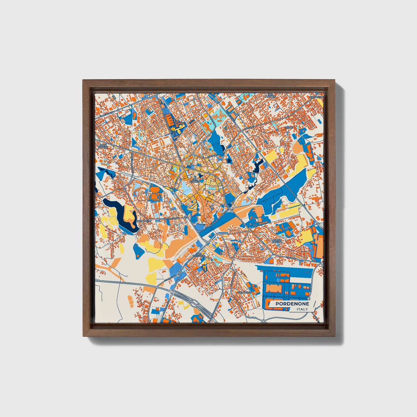 Pordenone Italy Colorful City Map Canvas Print • Dark Wooden Framed