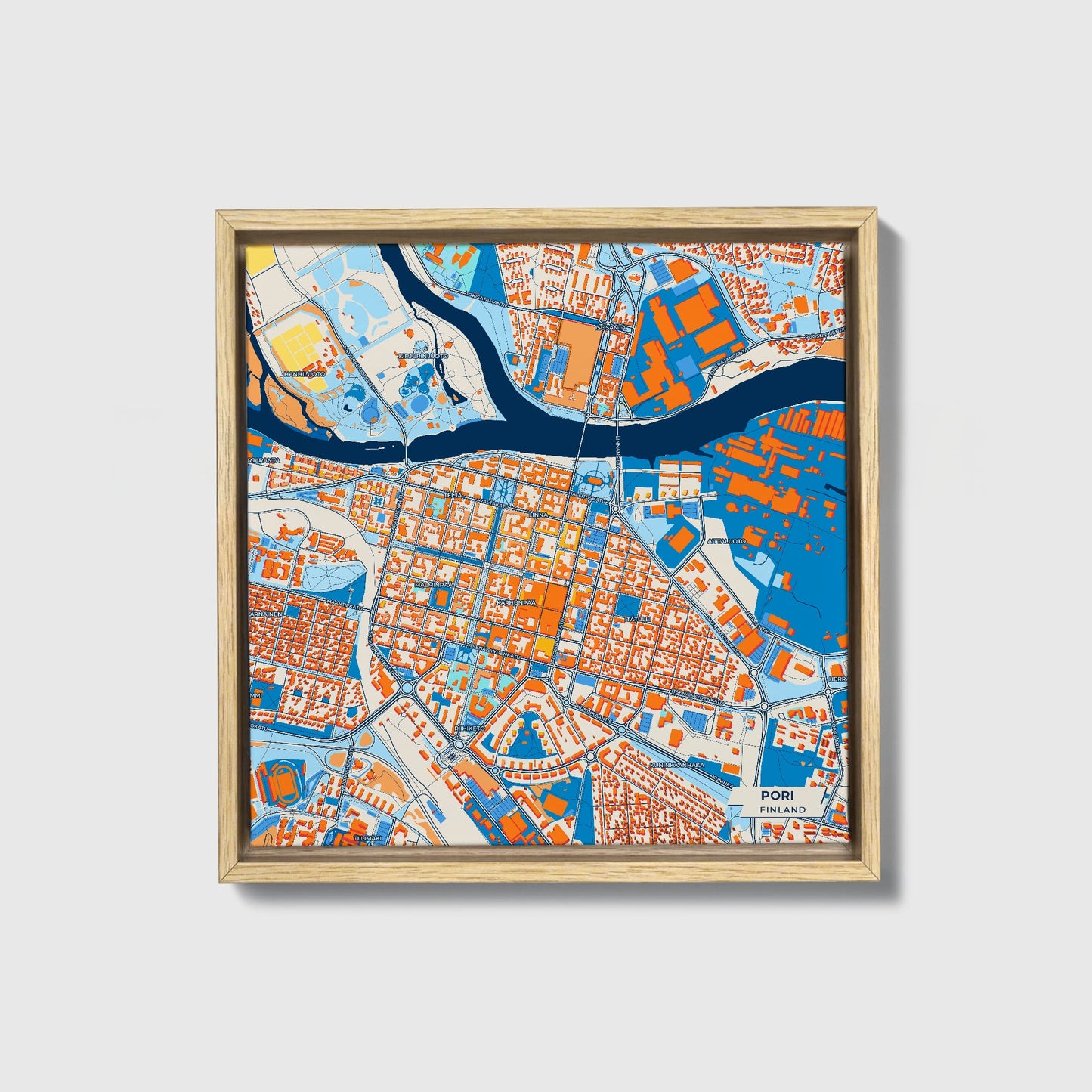 Pori Finland Colorful City Map Canvas Print • Natural Wooden Framed