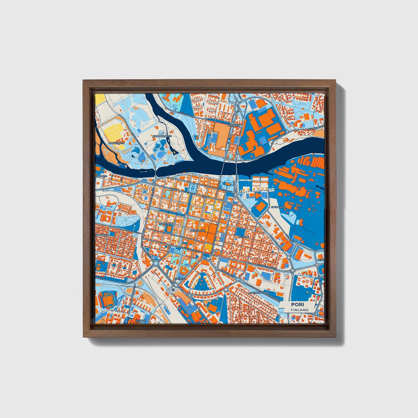 Pori Finland Colorful City Map Canvas Print • Dark Wooden Framed