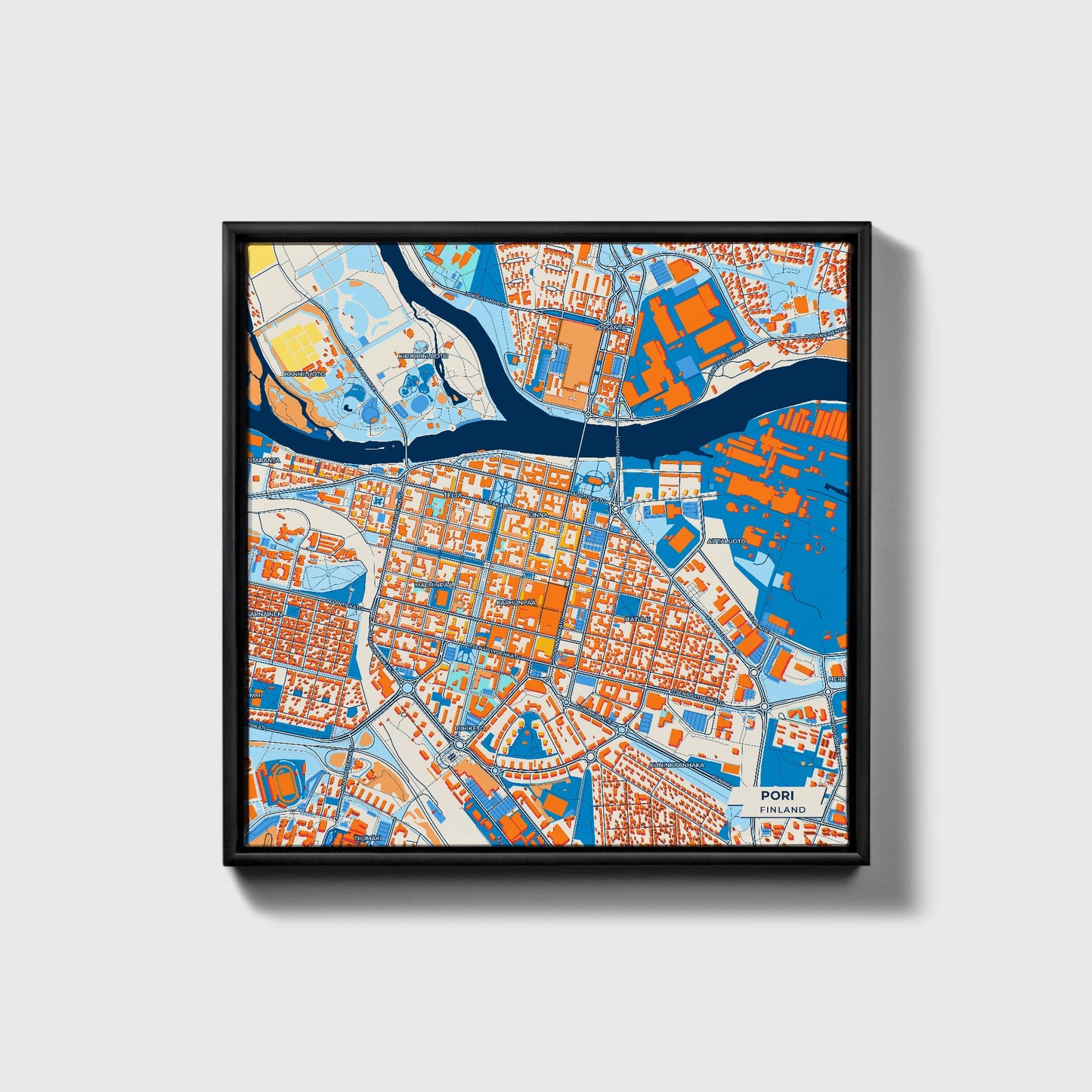 Pori Finland Colorful City Map Canvas Print • Black Framed