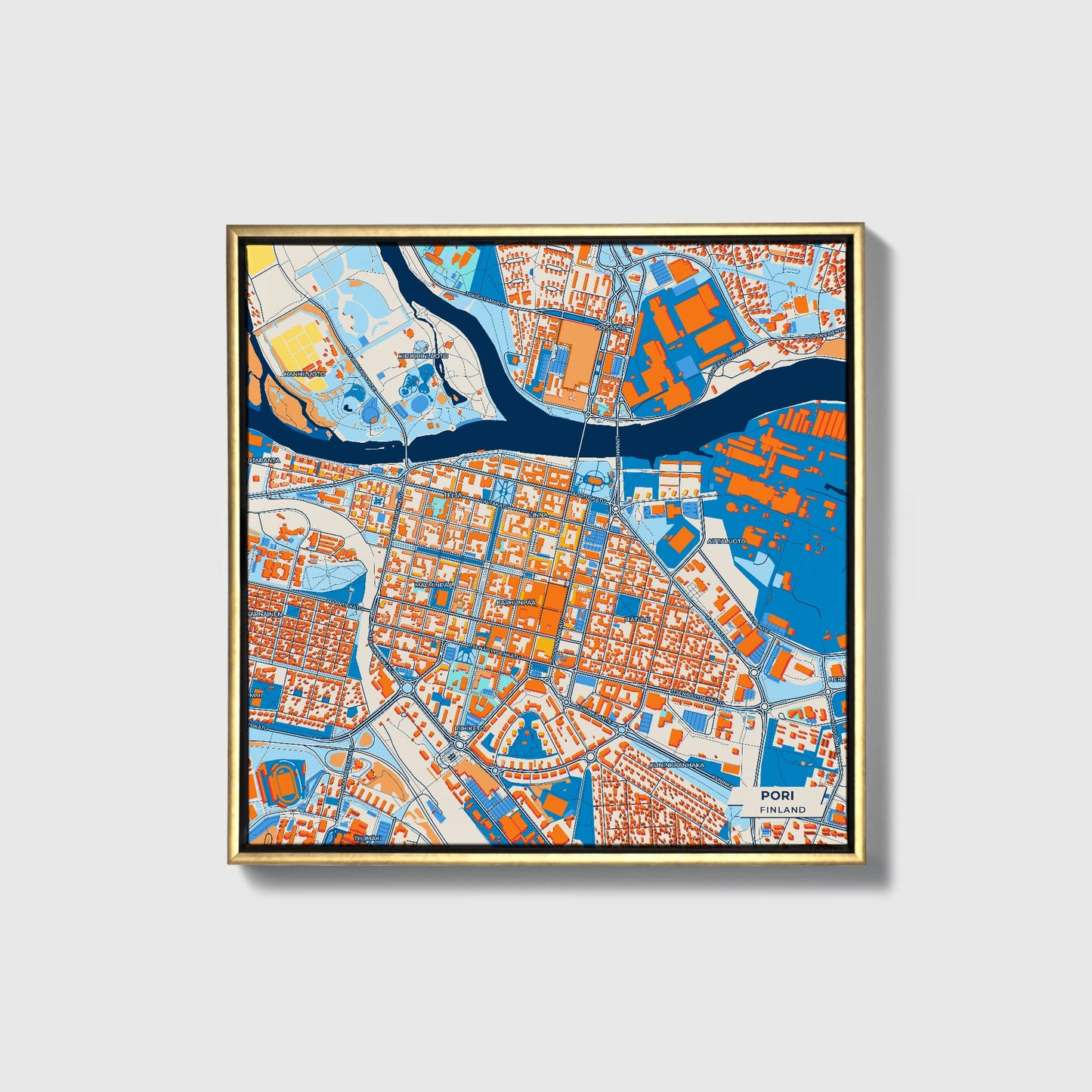 Pori Finland Colorful City Map Canvas Print • Gold Framed