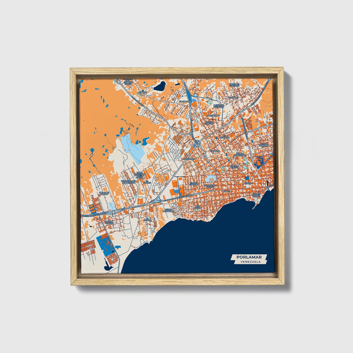 Porlamar Venezuela Colorful City Map Canvas Print • Natural Wooden Framed