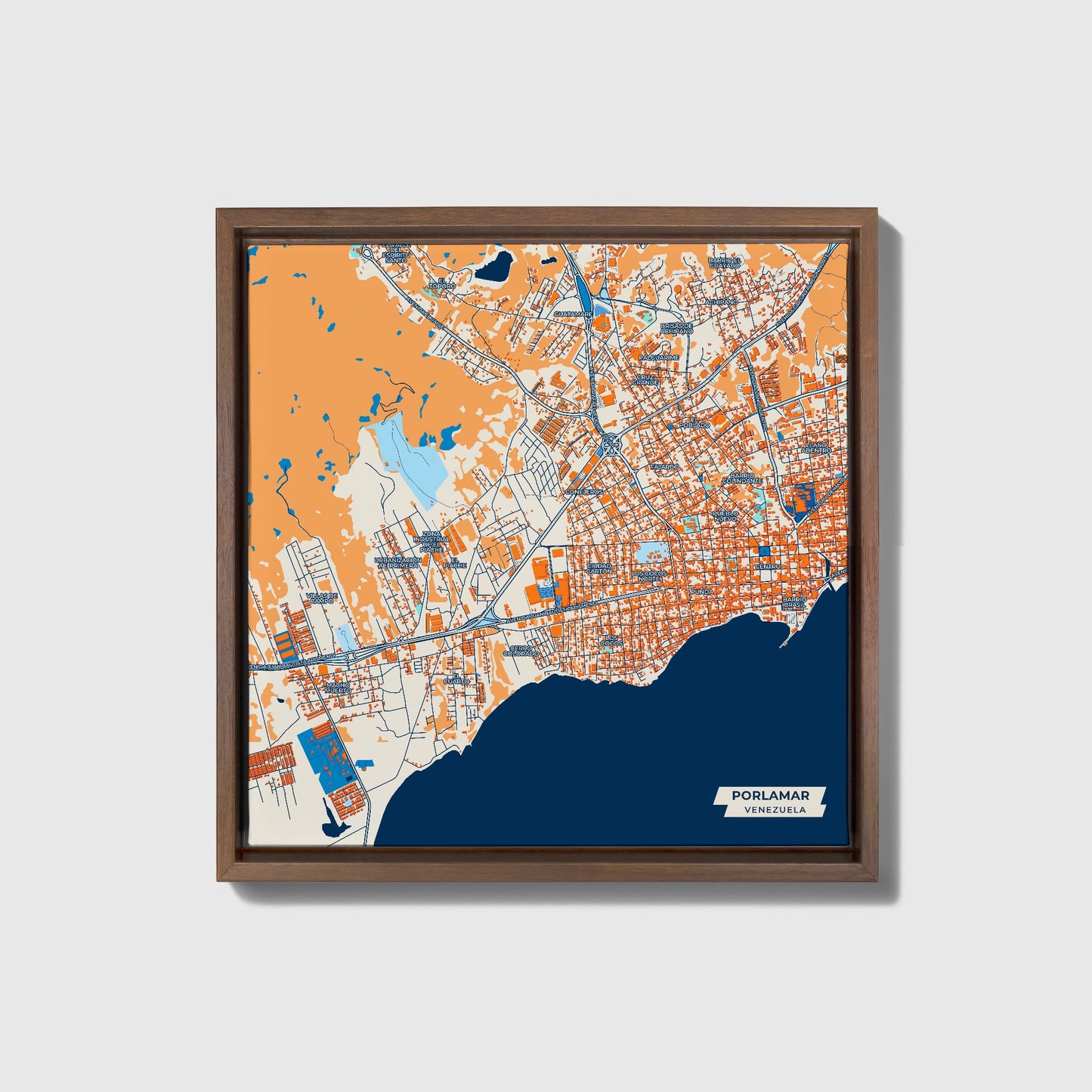 Porlamar Venezuela Colorful City Map Canvas Print • Dark Wooden Framed
