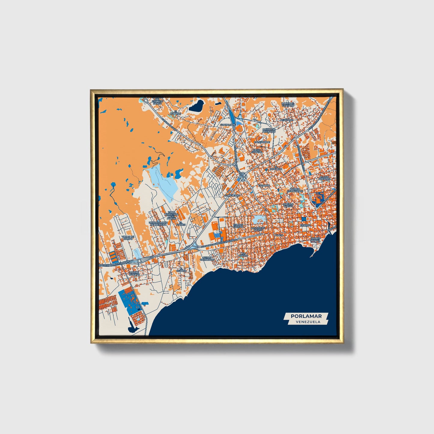 Porlamar Venezuela Colorful City Map Canvas Print • Gold Framed