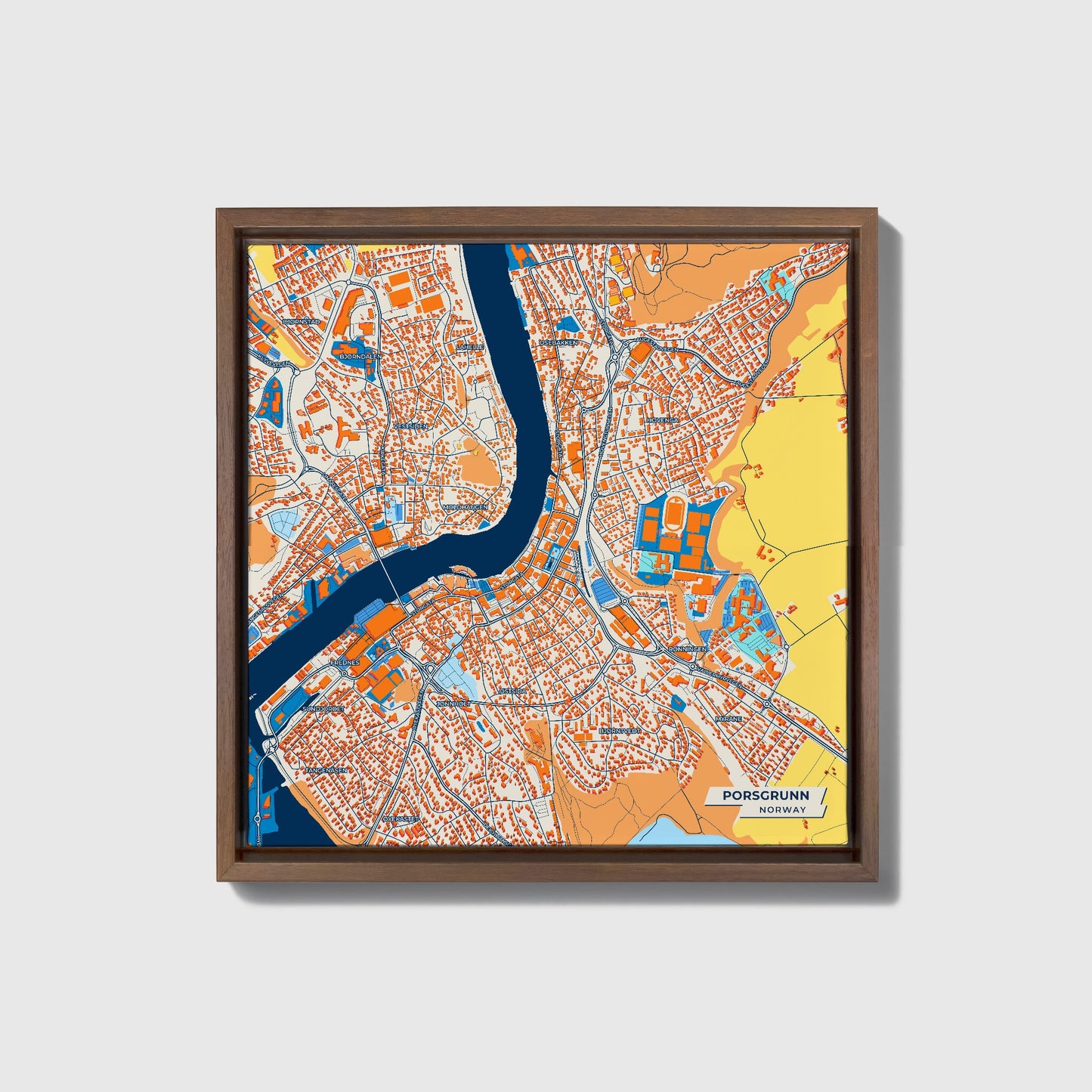 Porsgrunn Norway Colorful City Map Canvas Print • Dark Wooden Framed