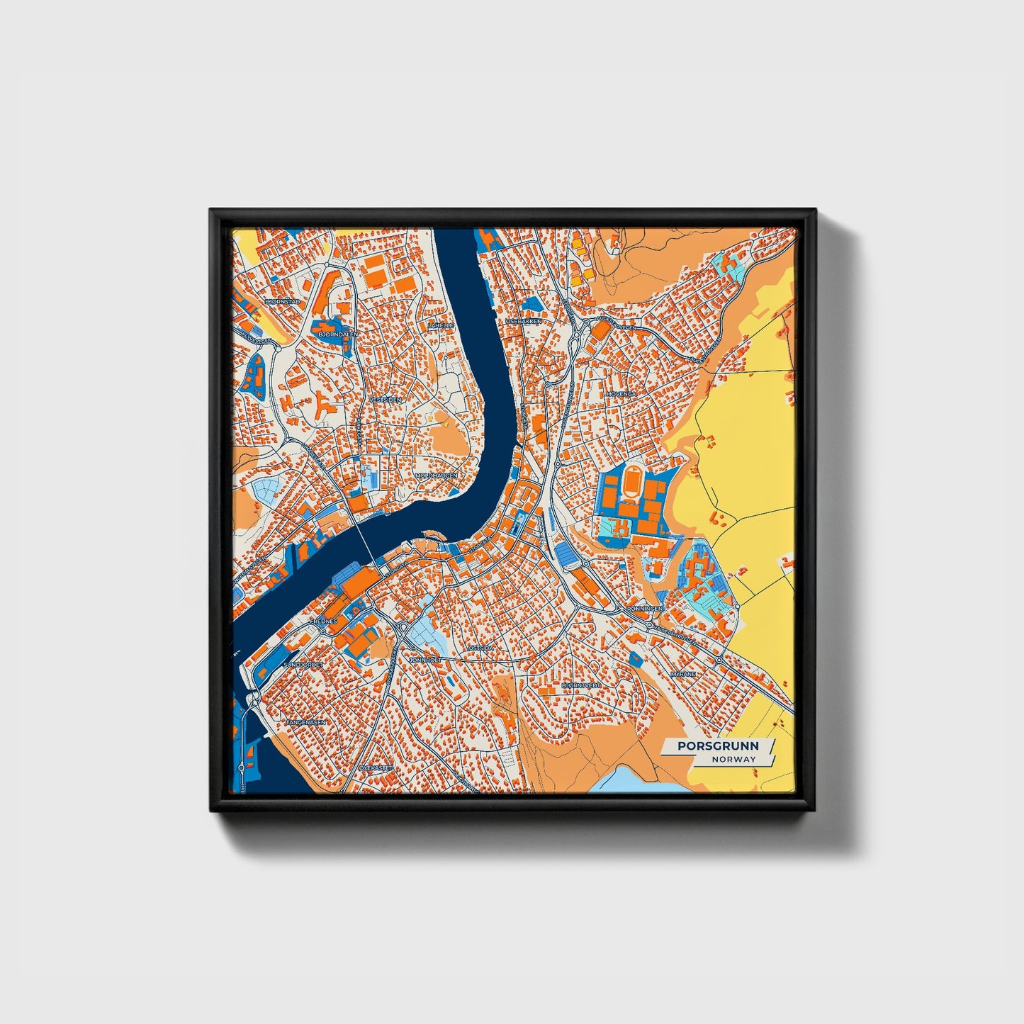 Porsgrunn Norway Colorful City Map Canvas Print • Black Framed