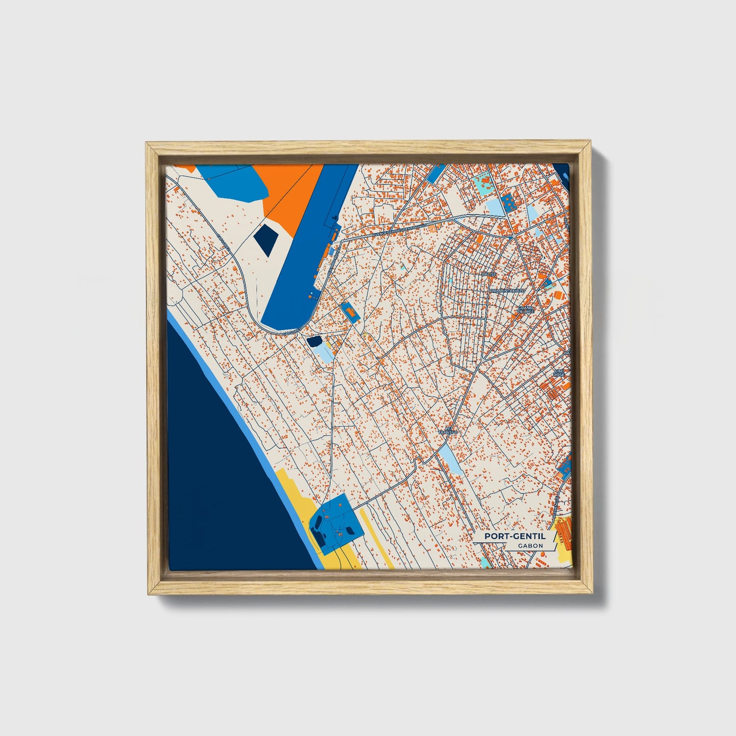 Port-Gentil Gabon Colorful City Map Canvas Print • Natural Wooden Framed