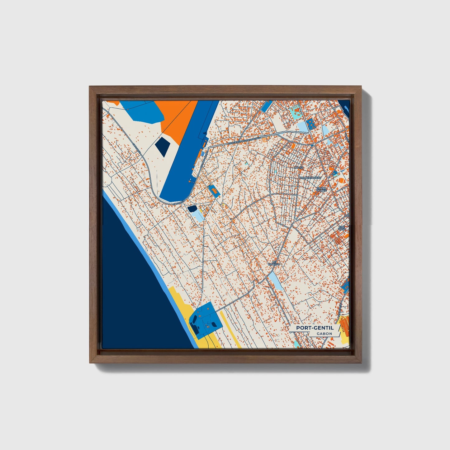 Port-Gentil Gabon Colorful City Map Canvas Print • Dark Wooden Framed