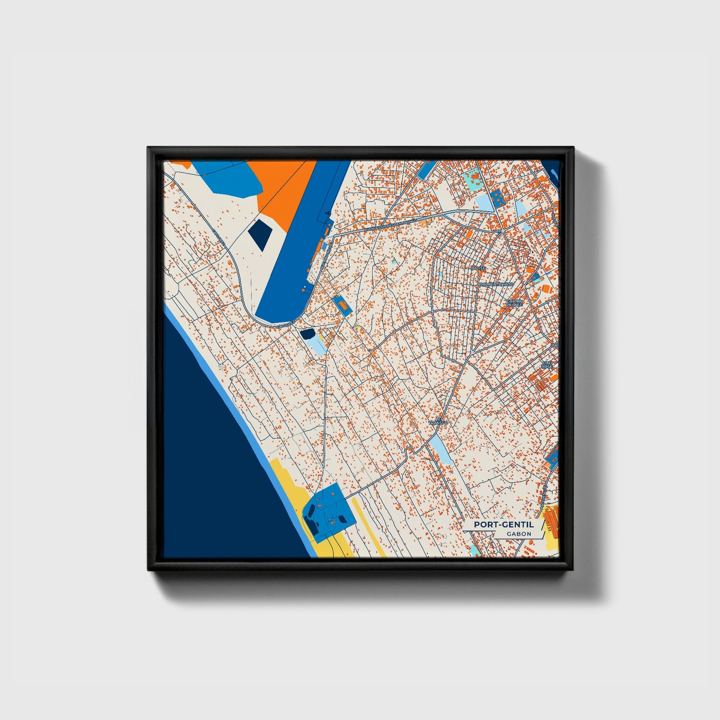 Port-Gentil Gabon Colorful City Map Canvas Print • Black Framed