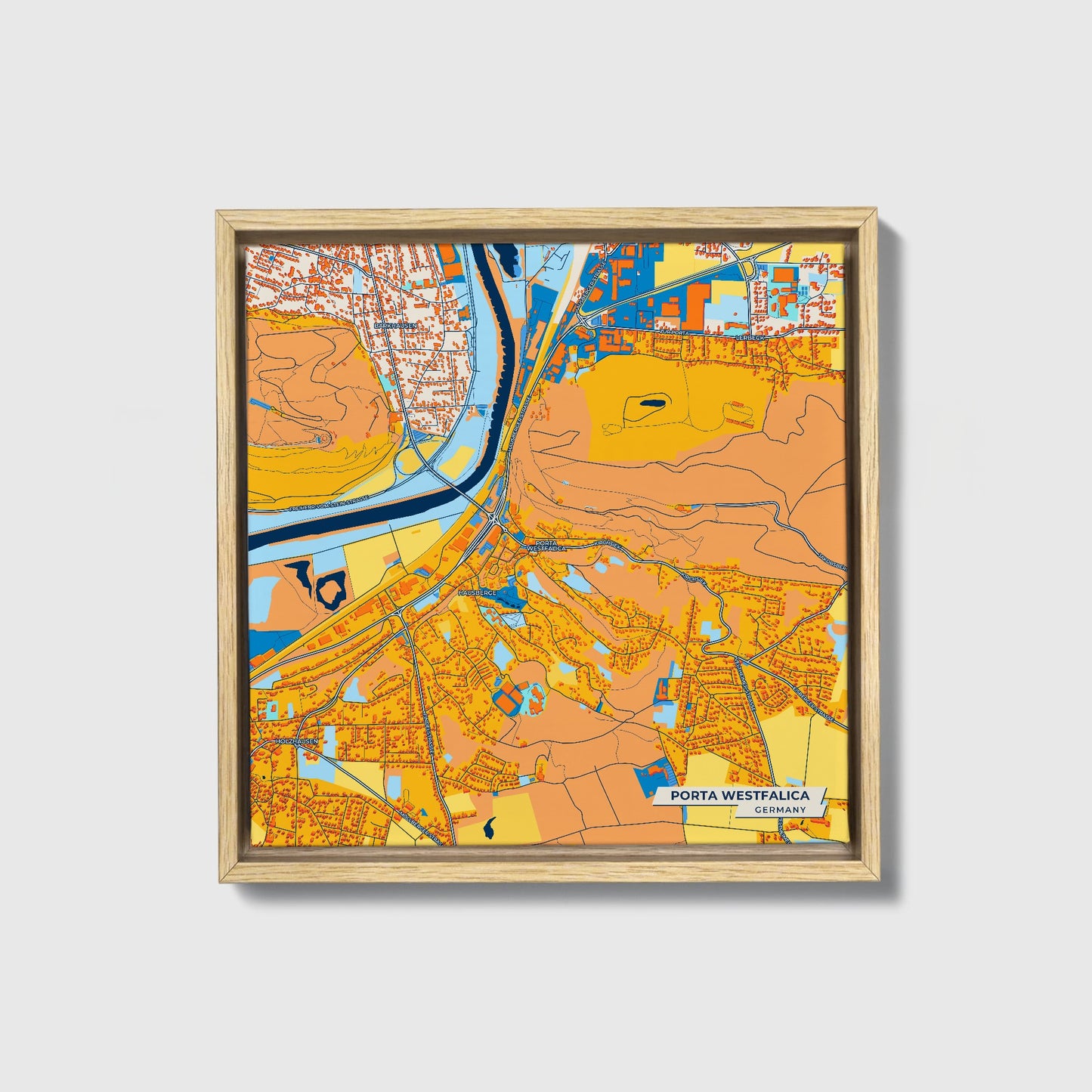 Porta Westfalica Germany Colorful City Map Canvas Print • Natural Wooden Framed