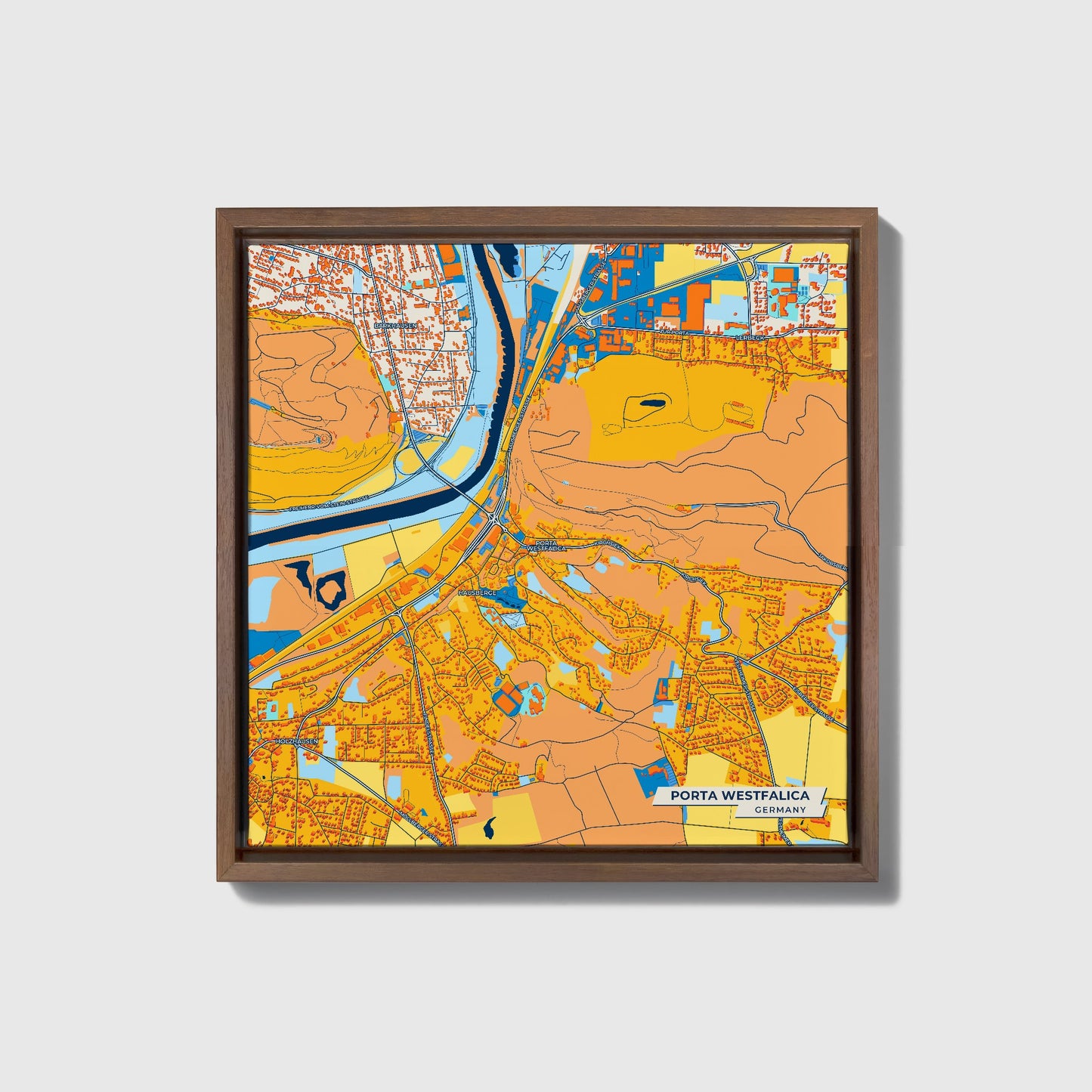 Porta Westfalica Germany Colorful City Map Canvas Print • Dark Wooden Framed