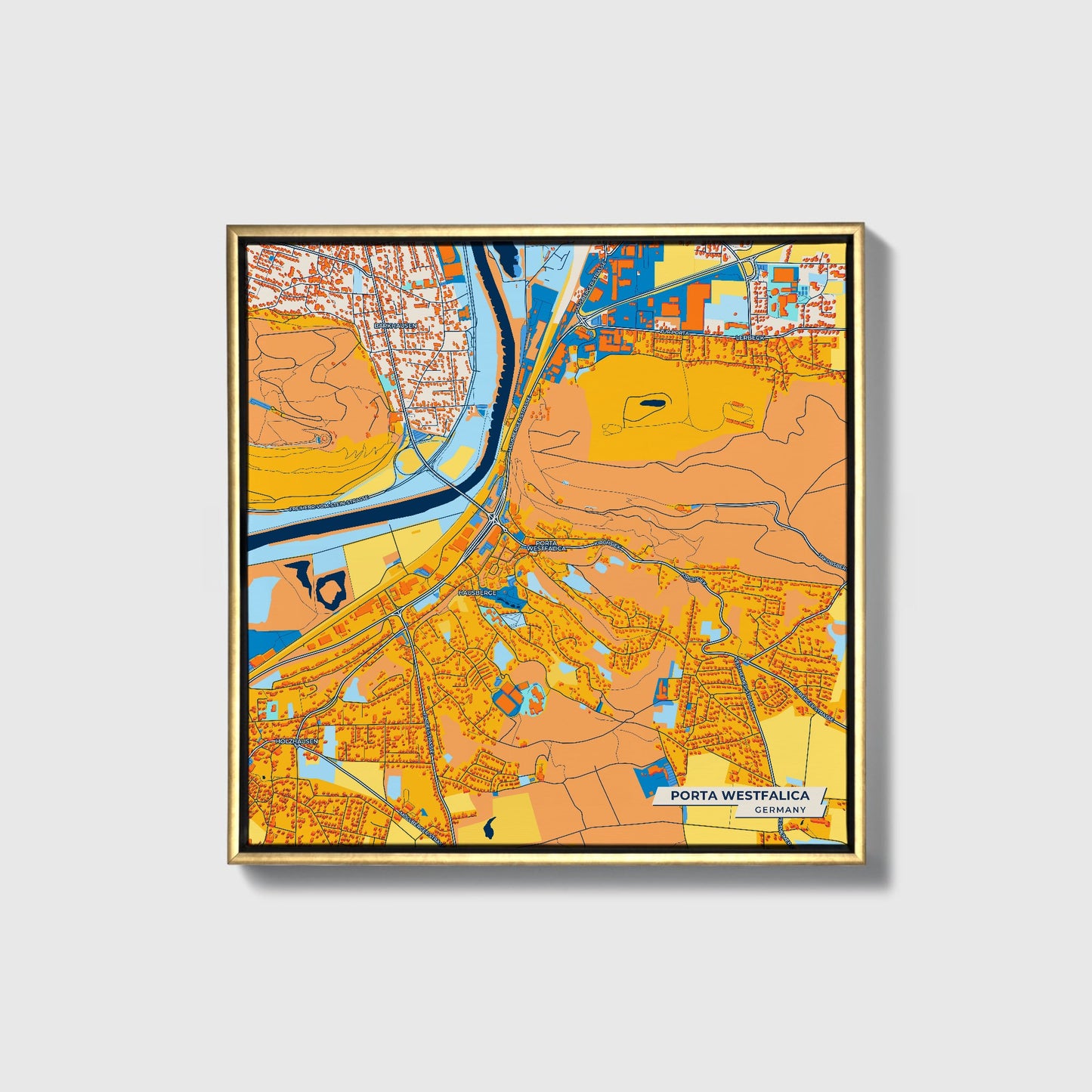 Porta Westfalica Germany Colorful City Map Canvas Print • Gold Framed