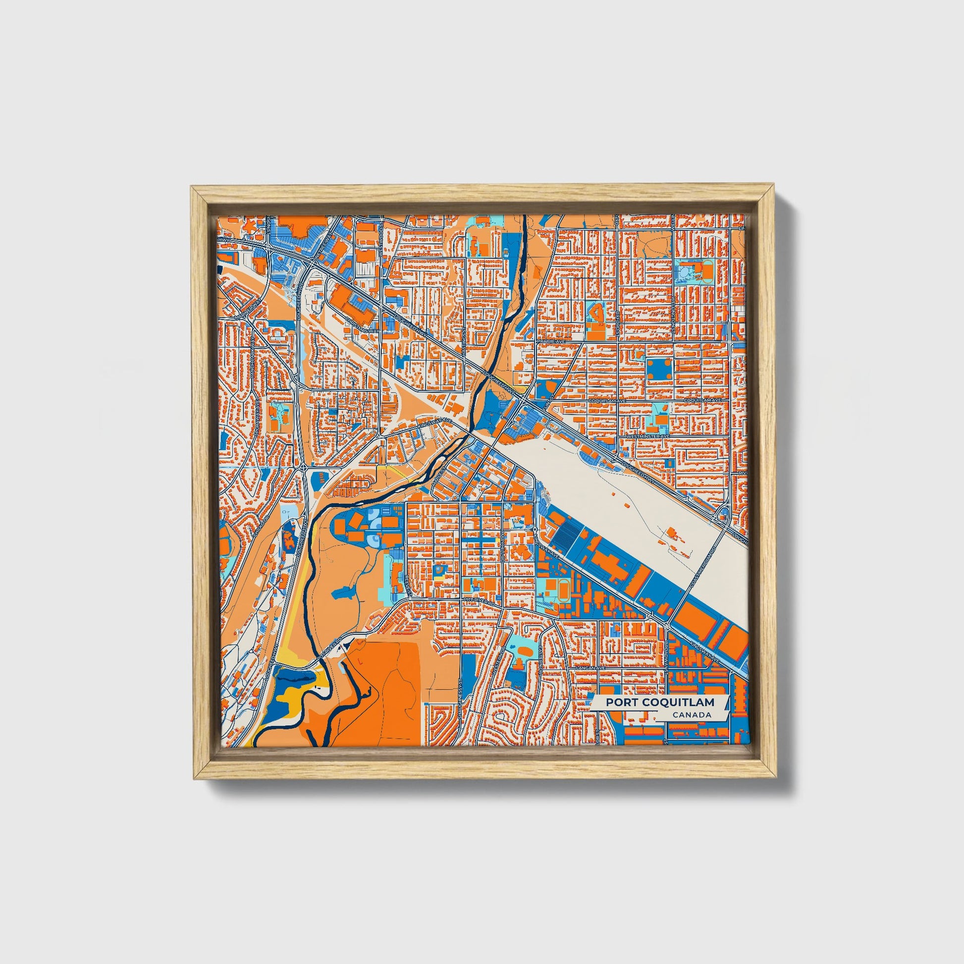 Port Coquitlam Canada Colorful City Map Canvas Print • Natural Wooden Framed