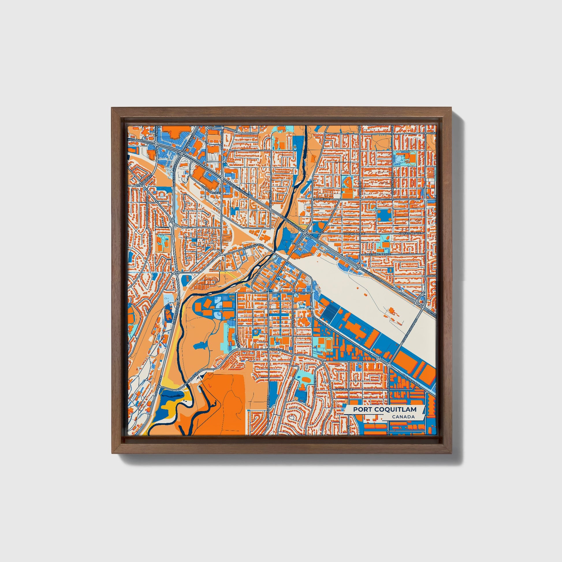 Port Coquitlam Canada Colorful City Map Canvas Print • Dark Wooden Framed