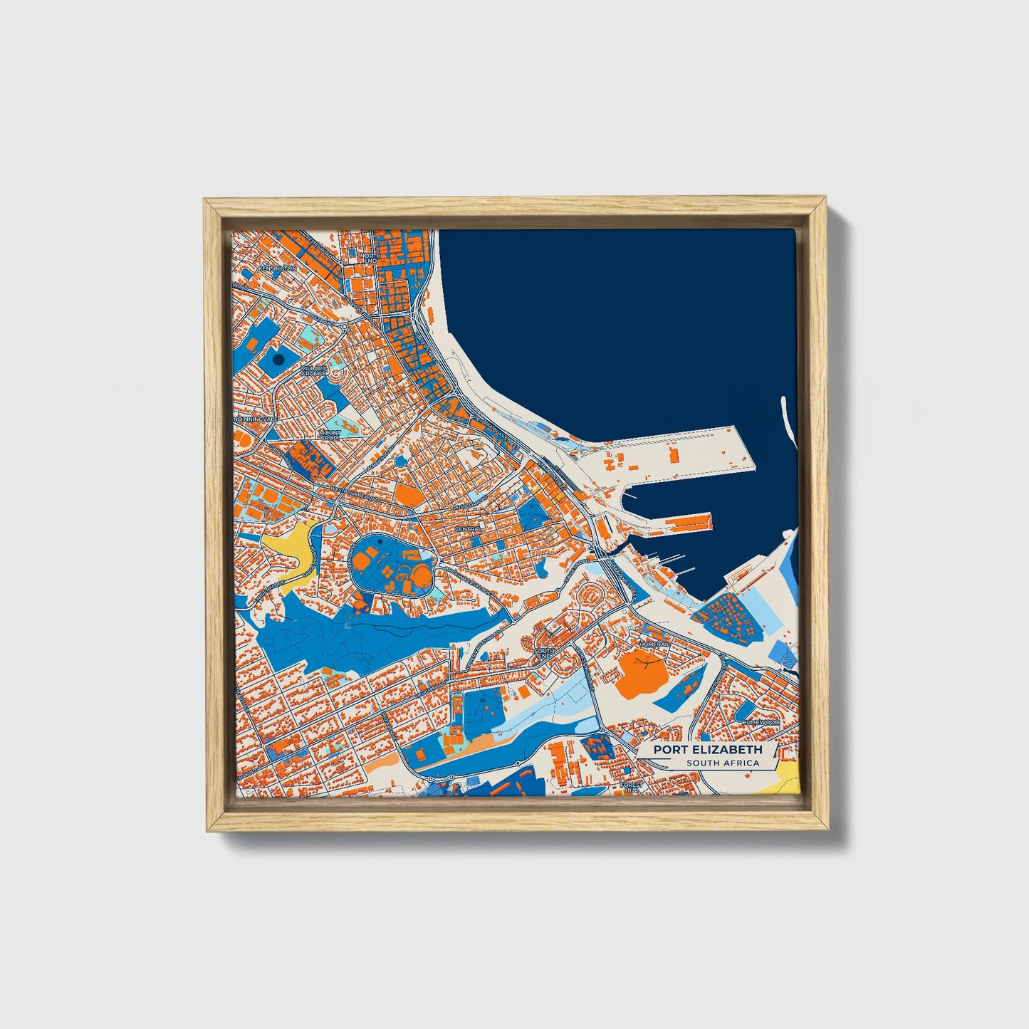 Port Elizabeth South Africa Colorful City Map Canvas Print • Natural Wooden Framed