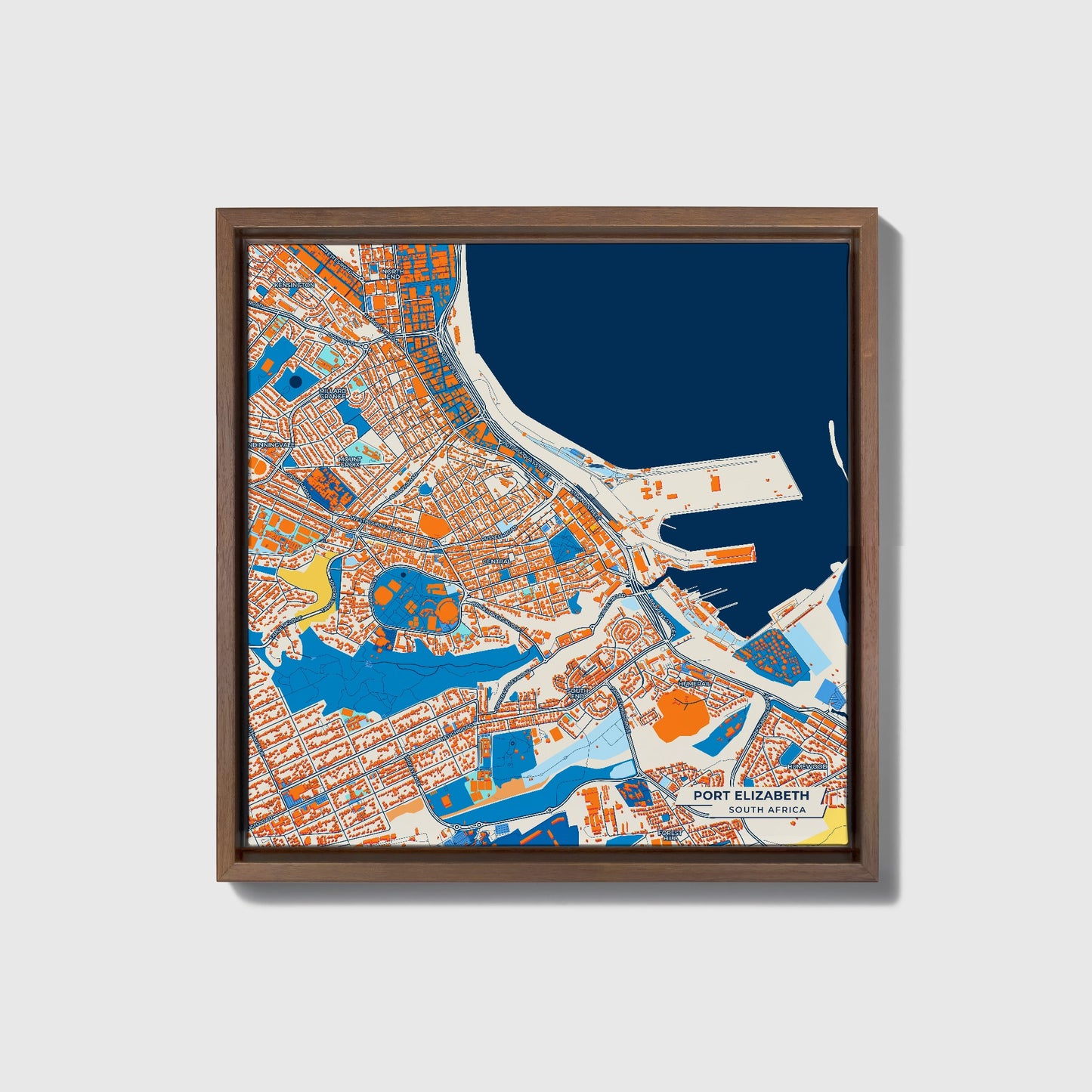 Port Elizabeth South Africa Colorful City Map Canvas Print • Dark Wooden Framed